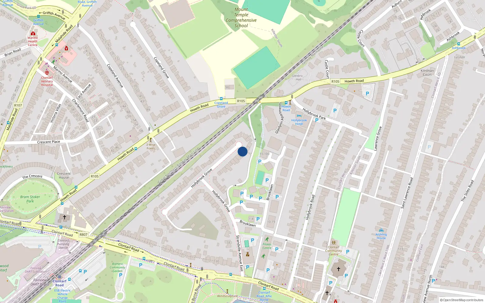 Overhead map showing the location of 65 Hollybrook Grove, Clontarf, Dublin 3