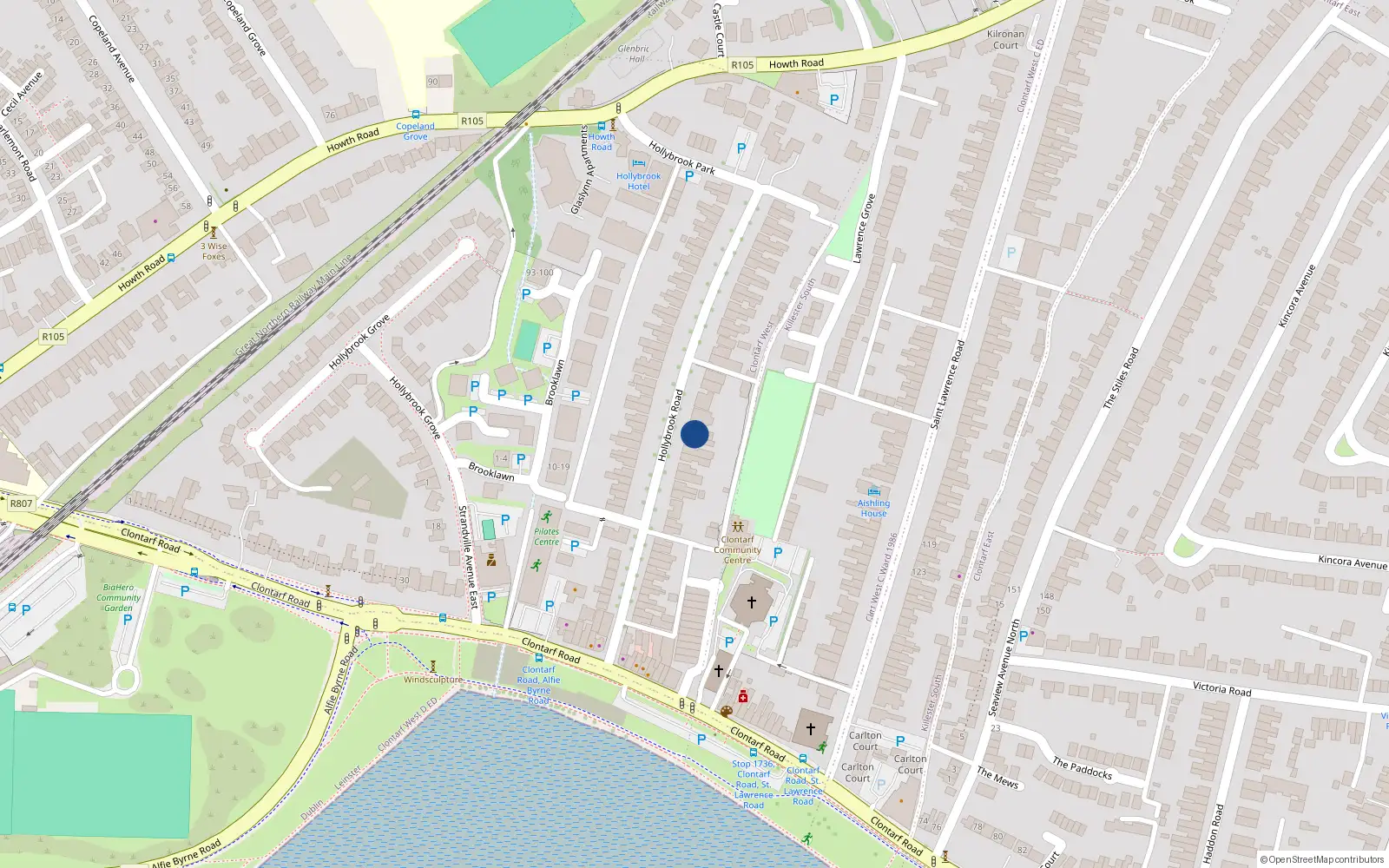 Overhead map showing the location of 65 Hollybrook Road, Clontarf, Dublin 3