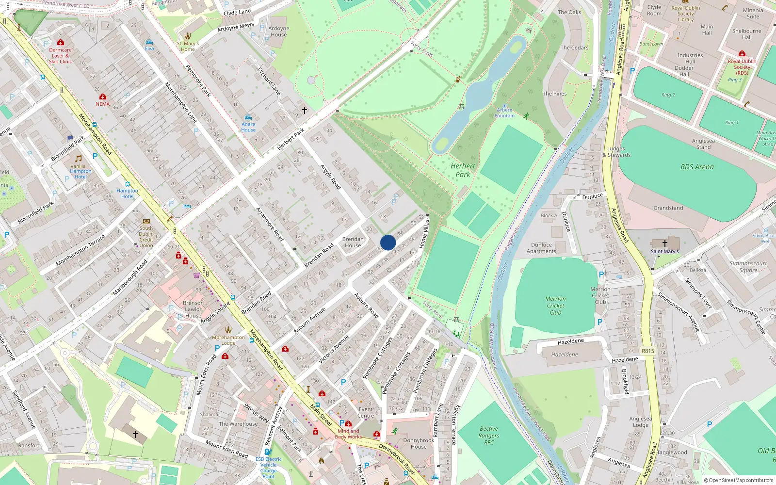 Overhead map showing the location of 65 Home Villas, Dublin 4