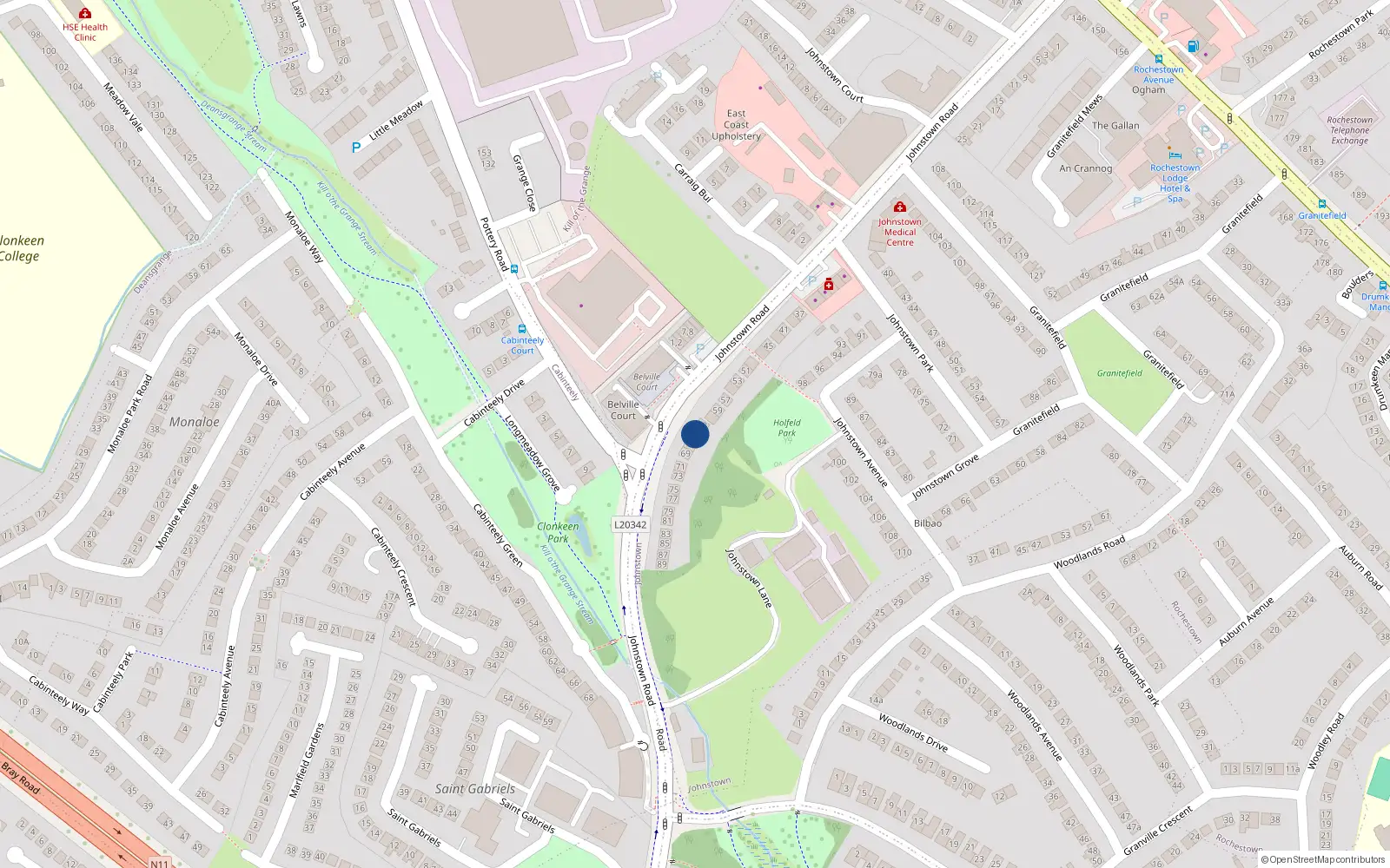 Overhead map showing the location of 65 Johnstown Road, Dun Laoghaire, Dublin