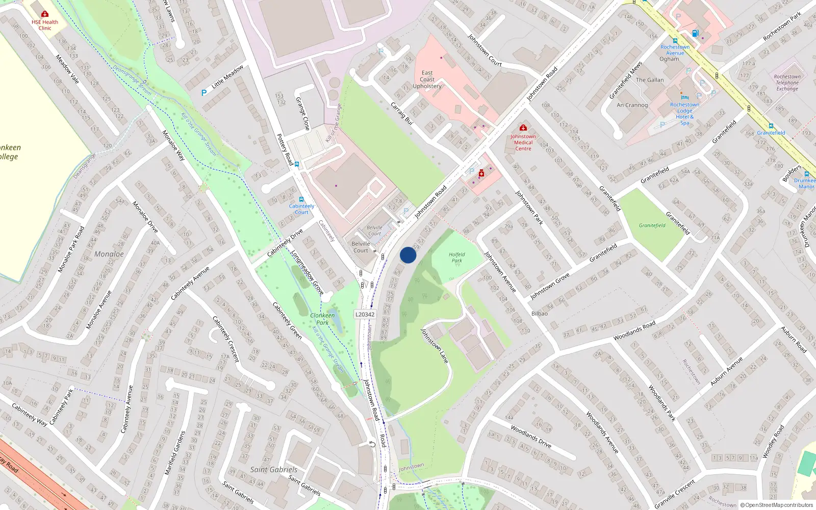 Overhead map showing the location of 65 Johnstown Road, Cabinteely