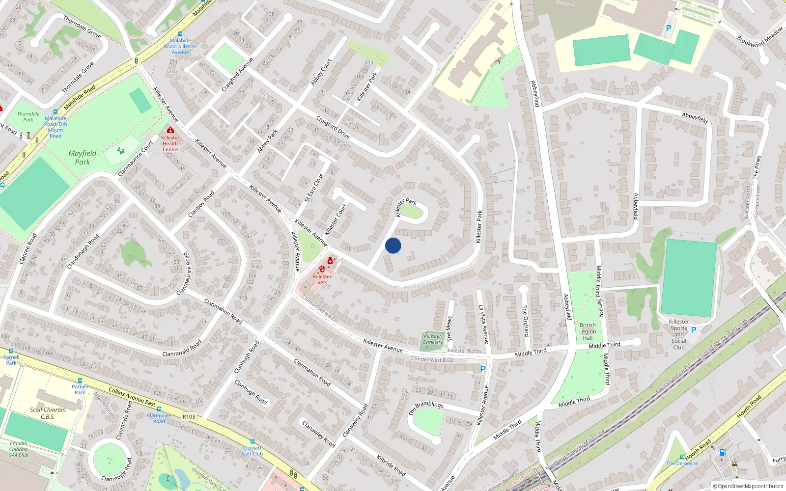 Overhead map showing the location of 65 Killester Park, Dublin 5, Dublin