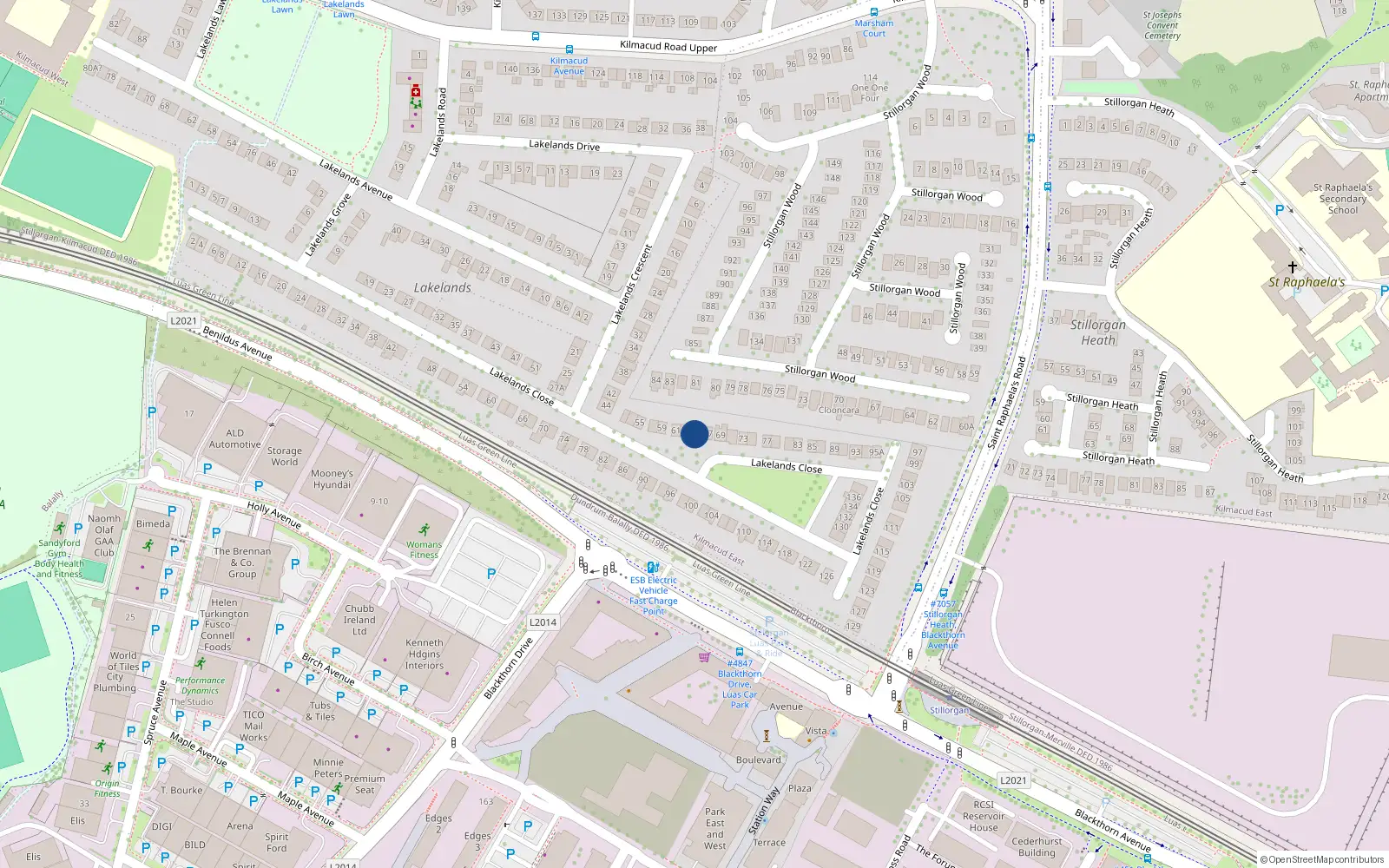 Overhead map showing the location of 65 Lakelands Close, Kilmacud, Blackrock