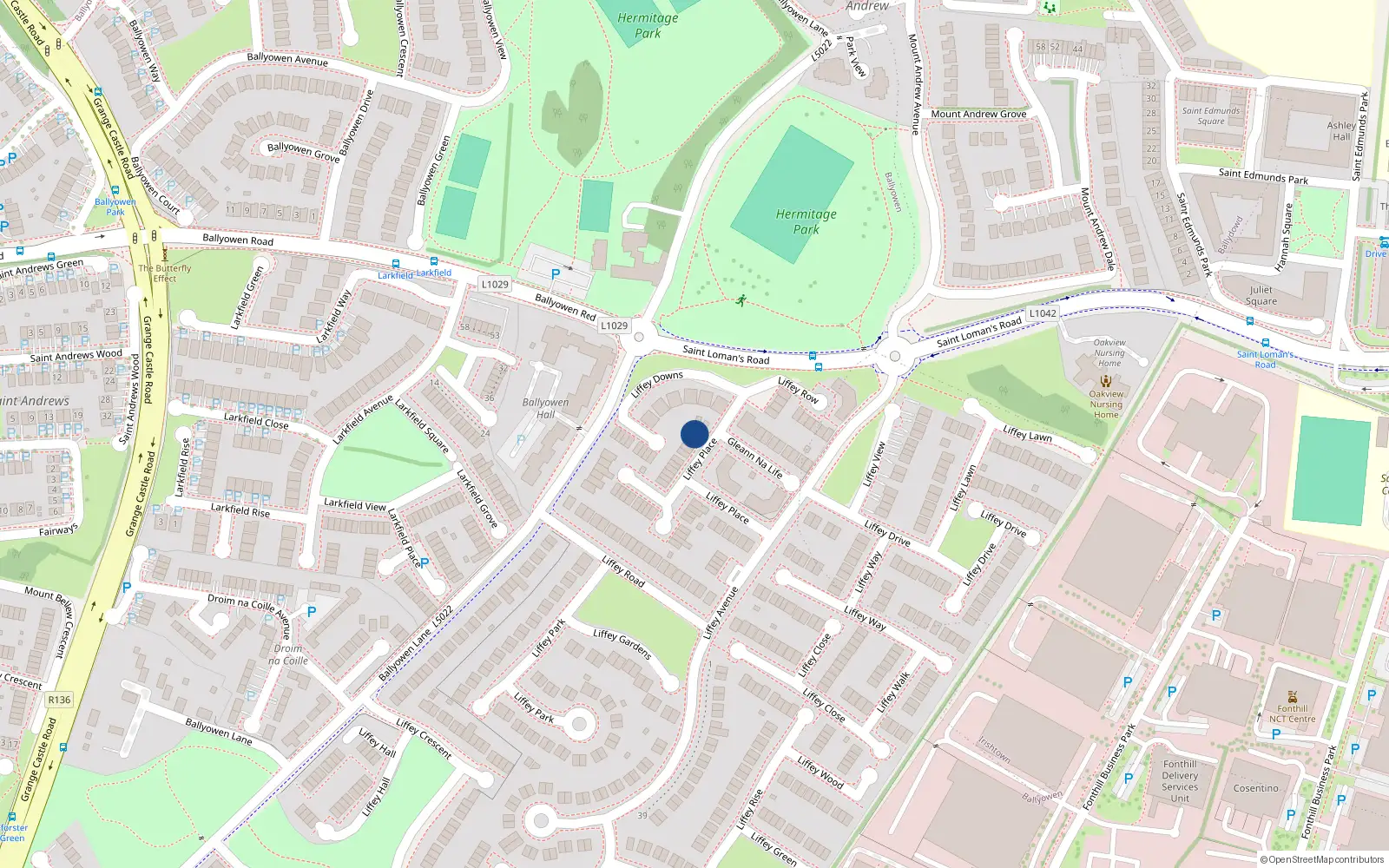 Overhead map showing the location of 65 Liffey Place, Lucan