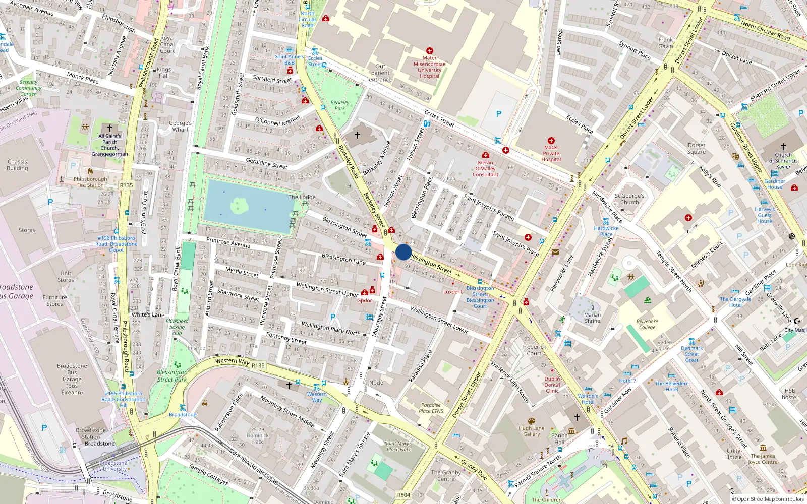 Overhead map showing the location of 65 Blessington Street, Dublin