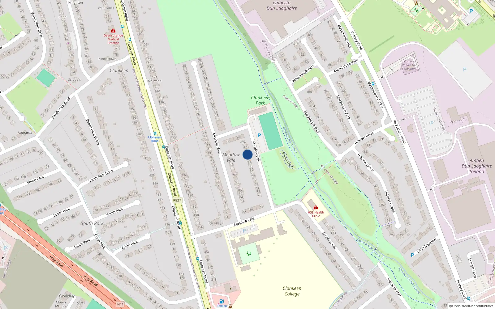 Overhead map showing the location of 65 Meadow Vale, Blackrock, Dublin