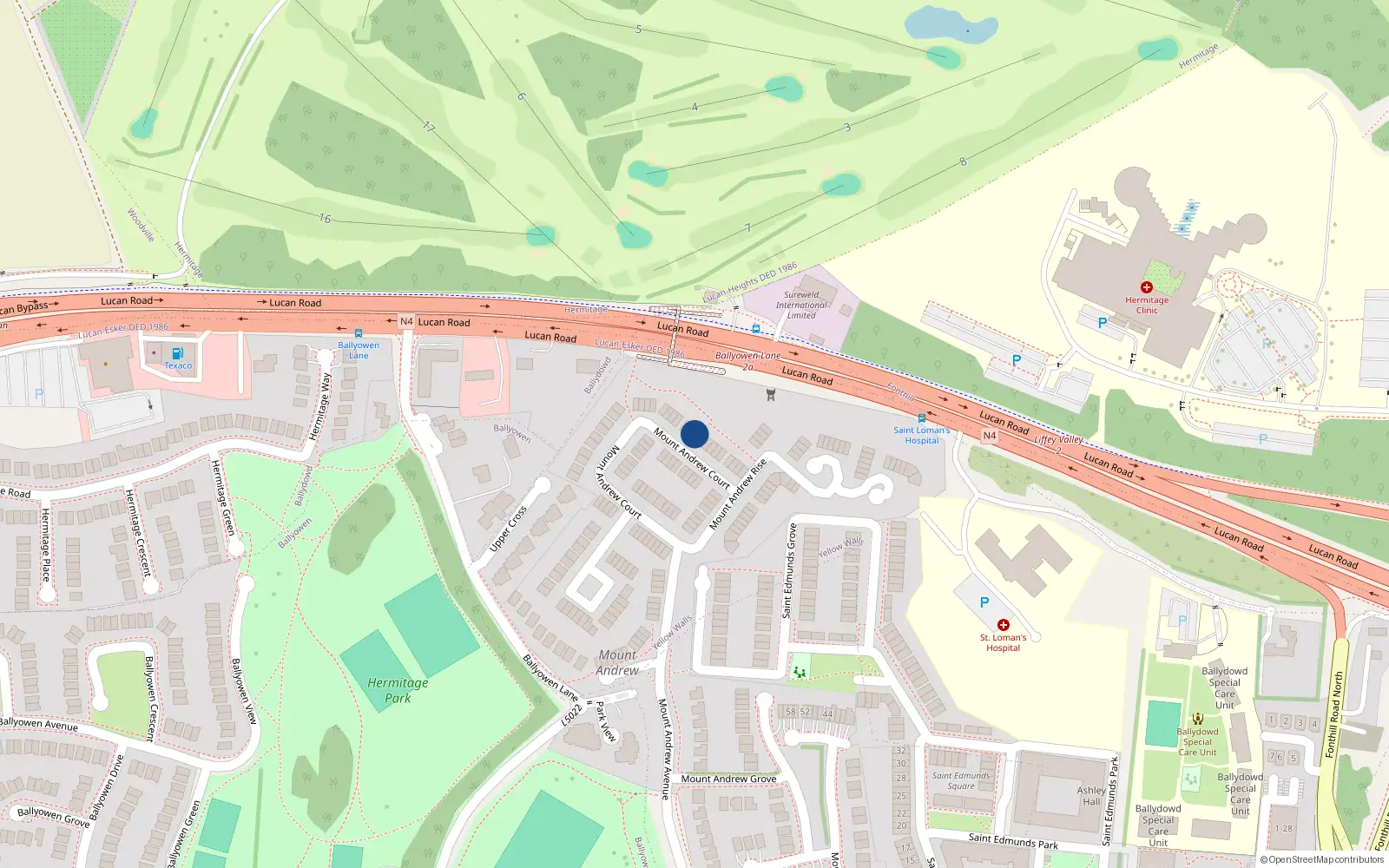 Overhead map showing the location of 65 Mount Andrew Court, Lucan, Dublin