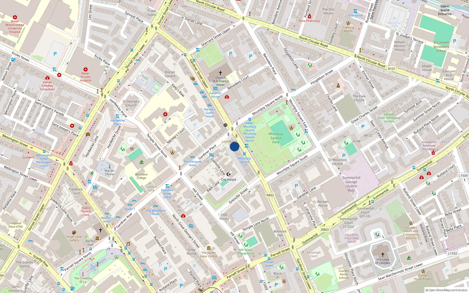 Overhead map showing the location of 65 Mountjoy Square, Dublin 1