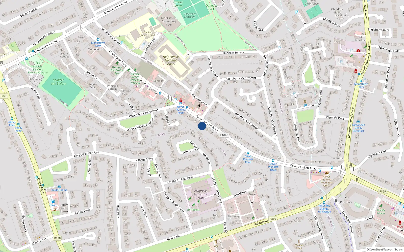 Overhead map showing the location of 65 Oliver Plunkett Road, Monkstown Farm, Dun Laoghaire