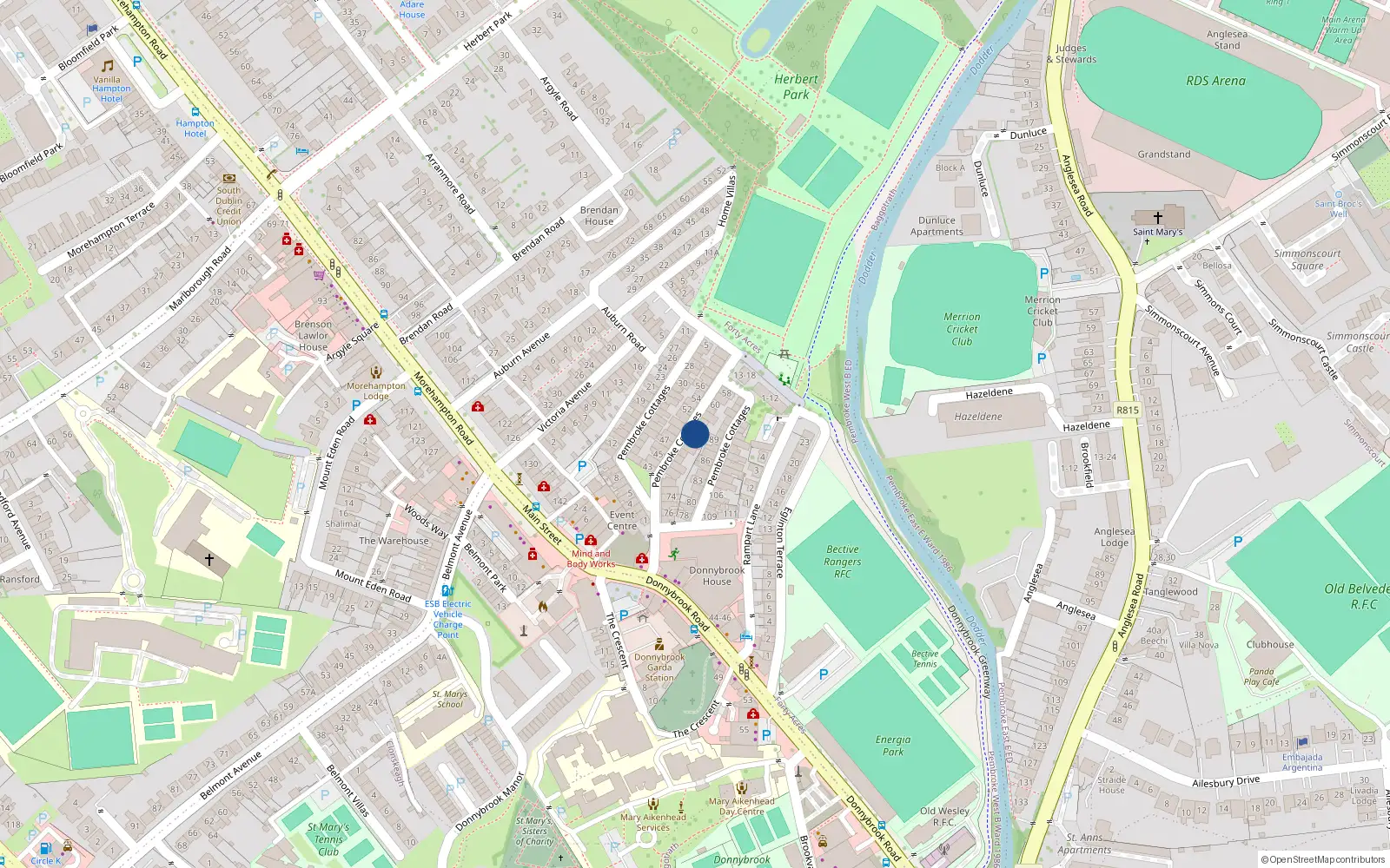 Overhead map showing the location of 65 Pembroke Cottages, Dublin 4