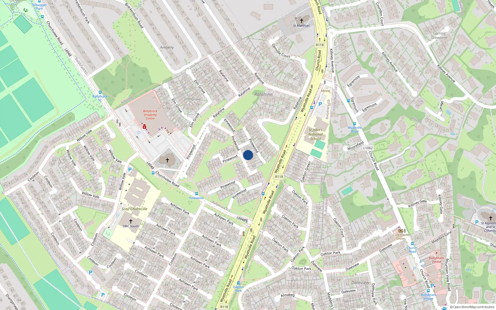 Overhead map showing the location of 65 Pinewood, Ballybrack, Co. Dublin