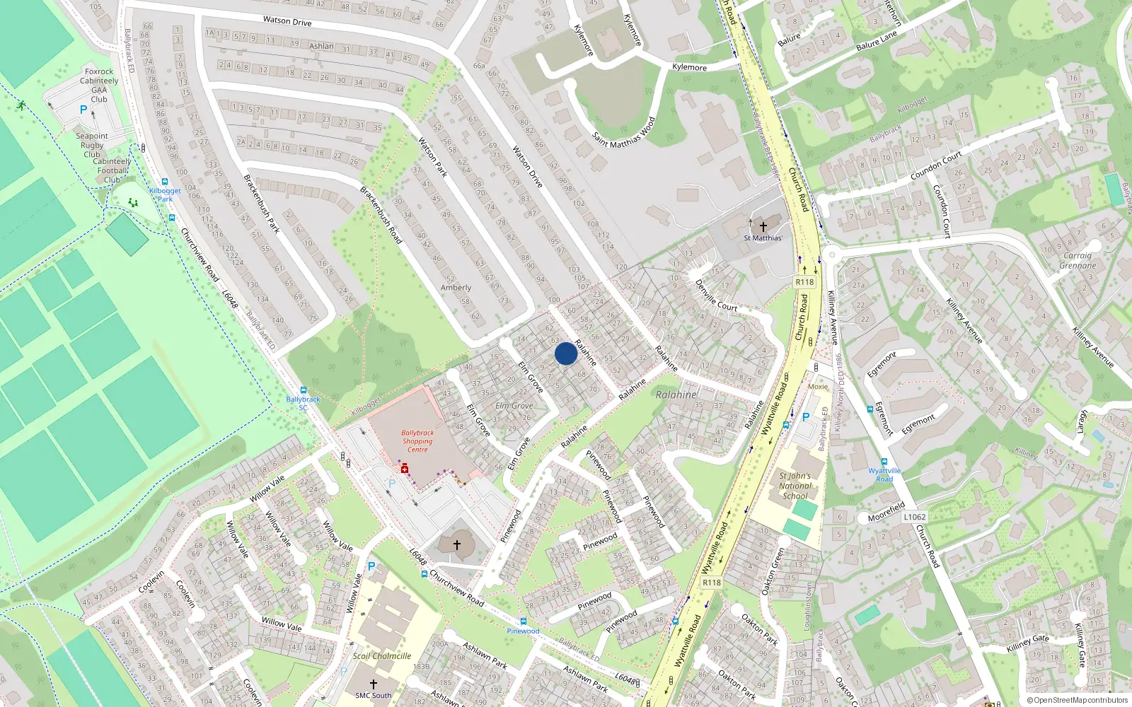 Overhead map showing the location of 65 Ralahine, Ballybrack, Dublin 1