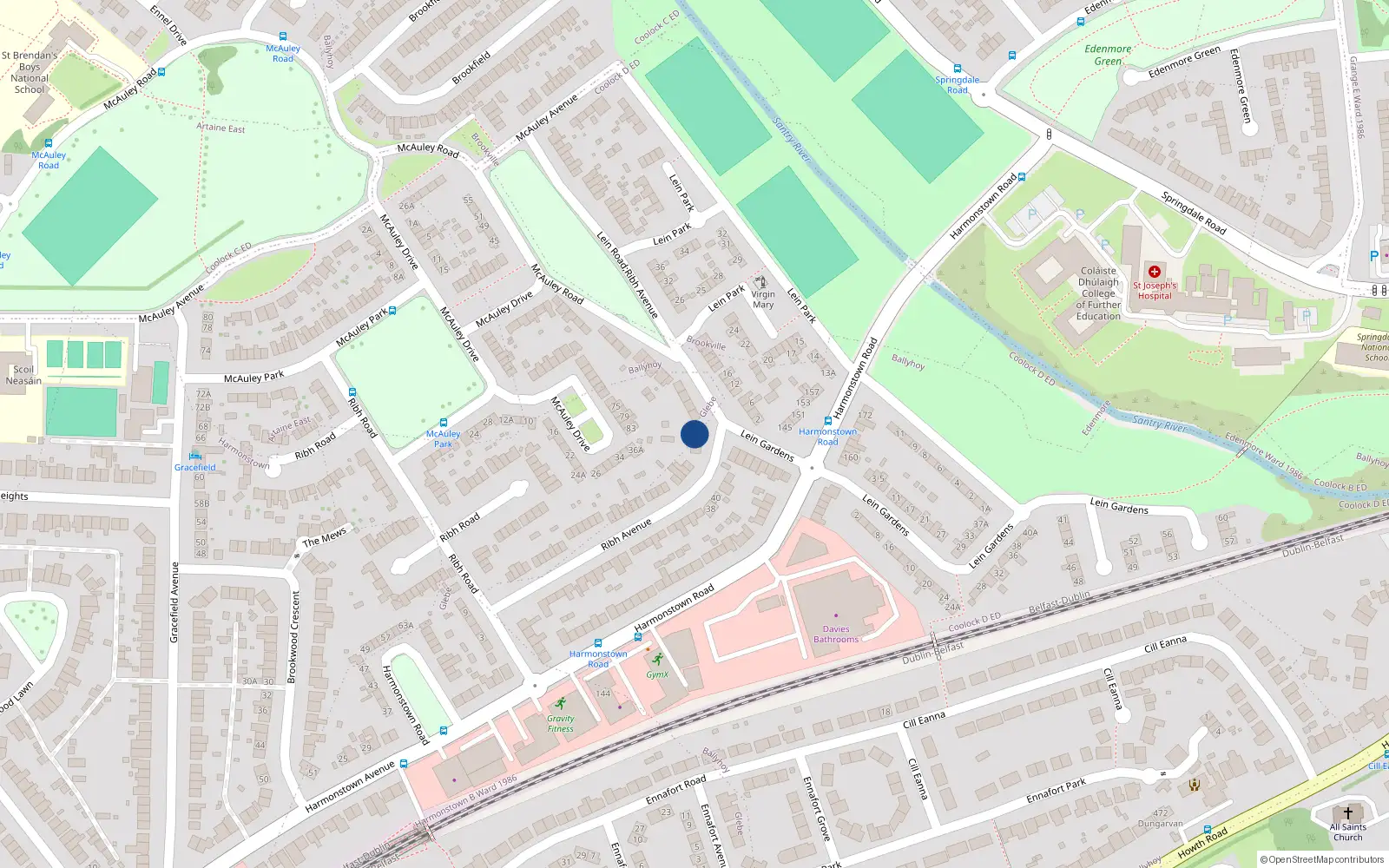 Overhead map showing the location of 65 Ribh Avenue, Dublin 5