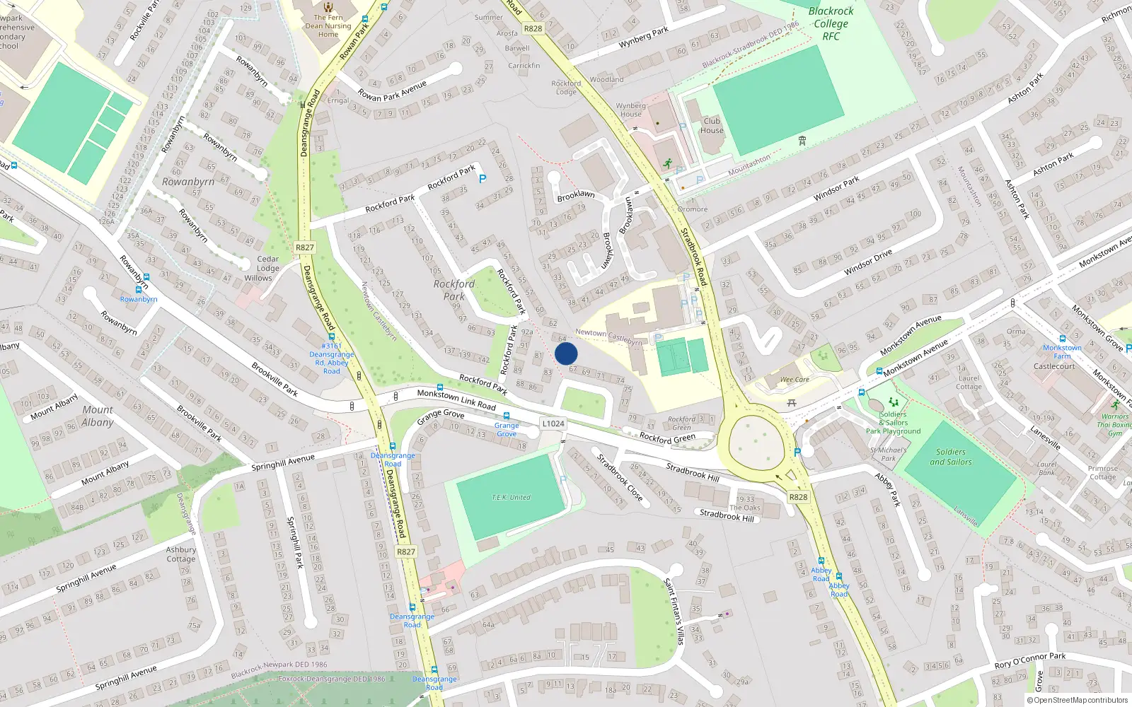 Overhead map showing the location of 65 Rockford Park, Blackrock