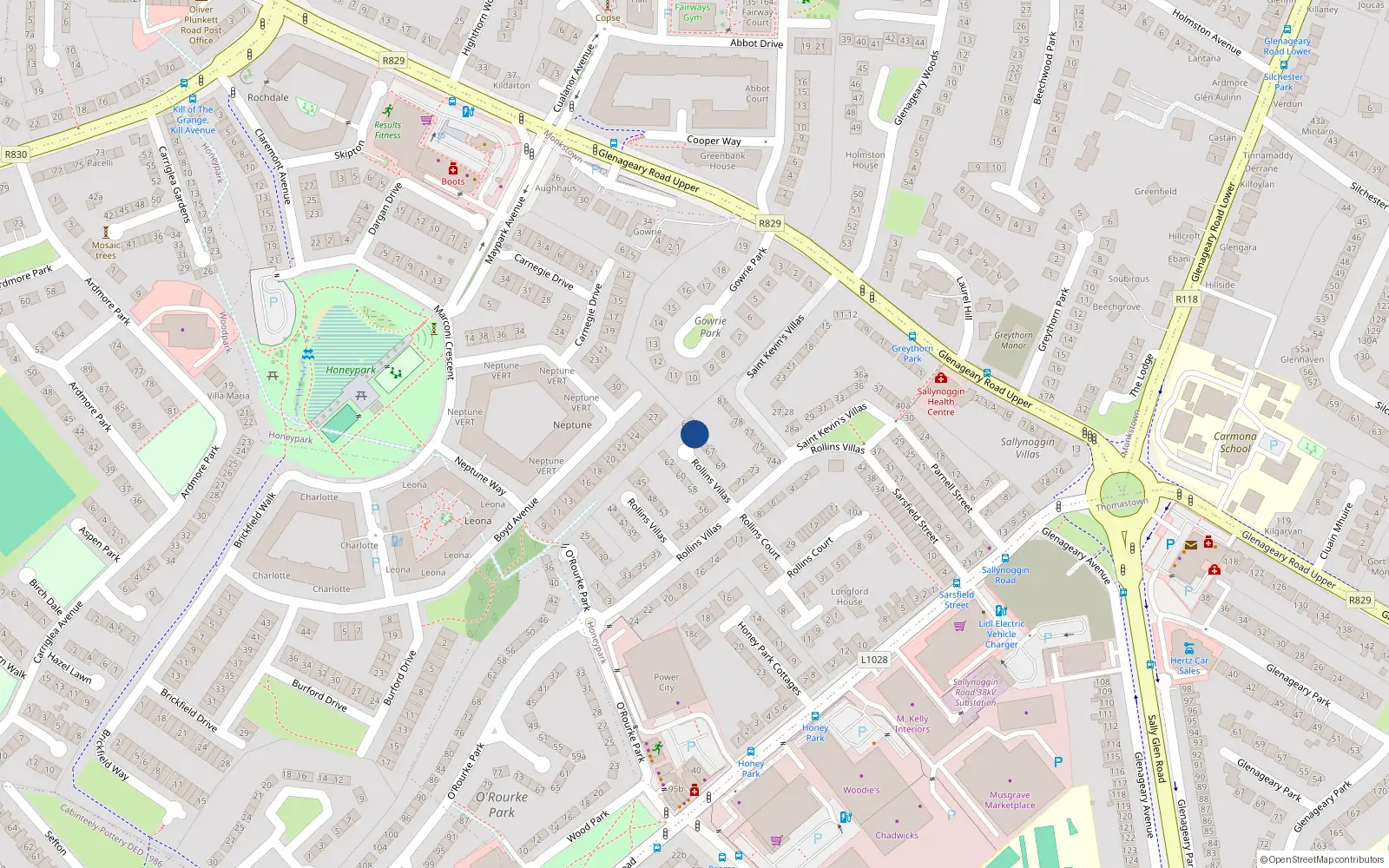 Overhead map showing the location of 65 Rollins Villas, Sallynoggin