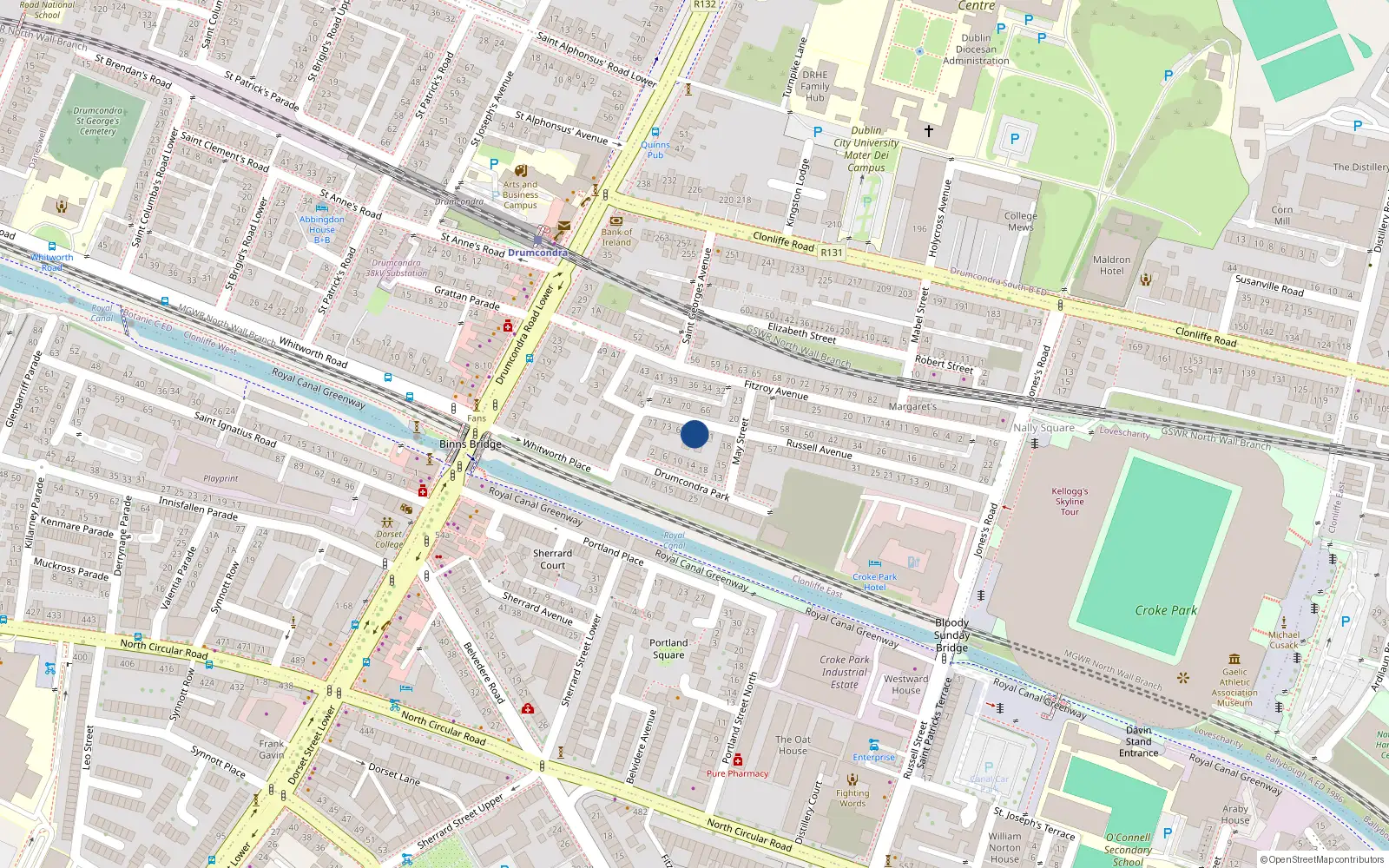 Overhead map showing the location of 65 Russell Avenue, Lower Drumcondra, Dublin 3