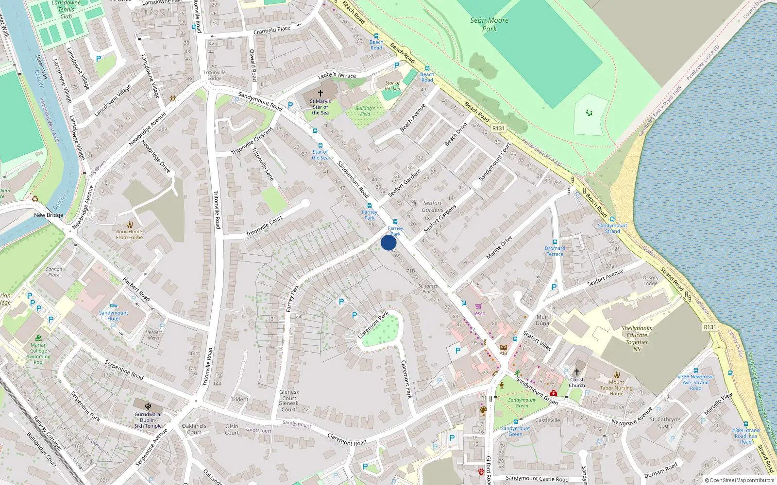 Overhead map showing the location of 65 Sandymount Road, Sandymount