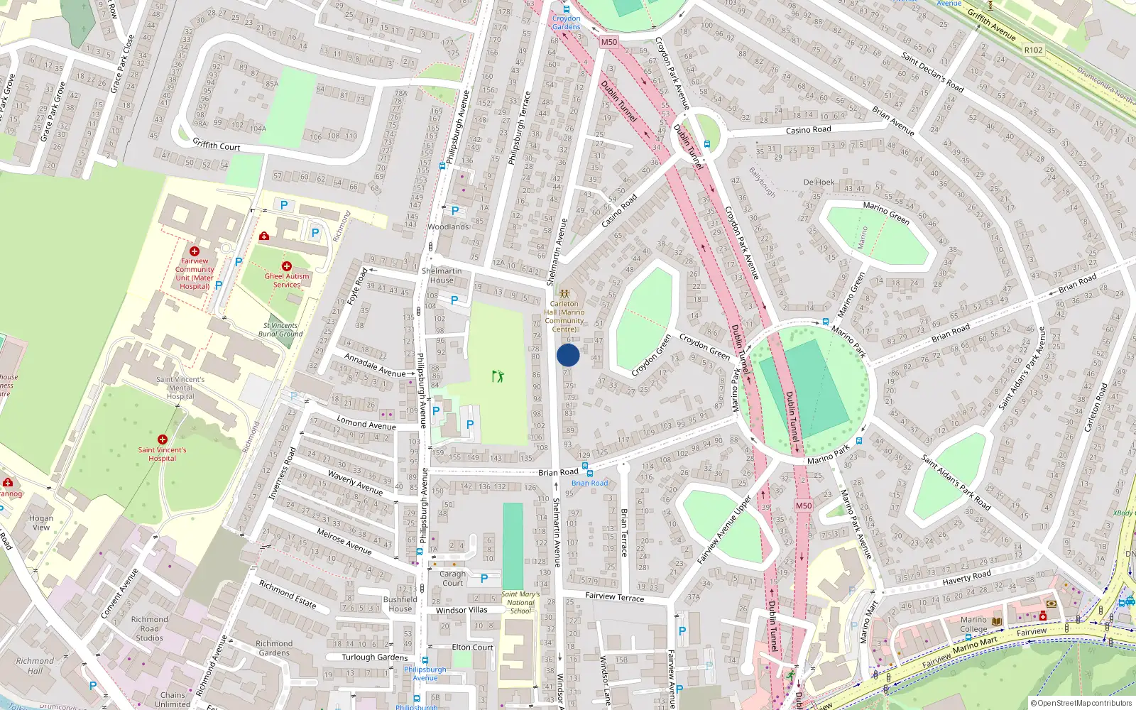Overhead map showing the location of 65 Shelmartin Avenue, Dublin 3