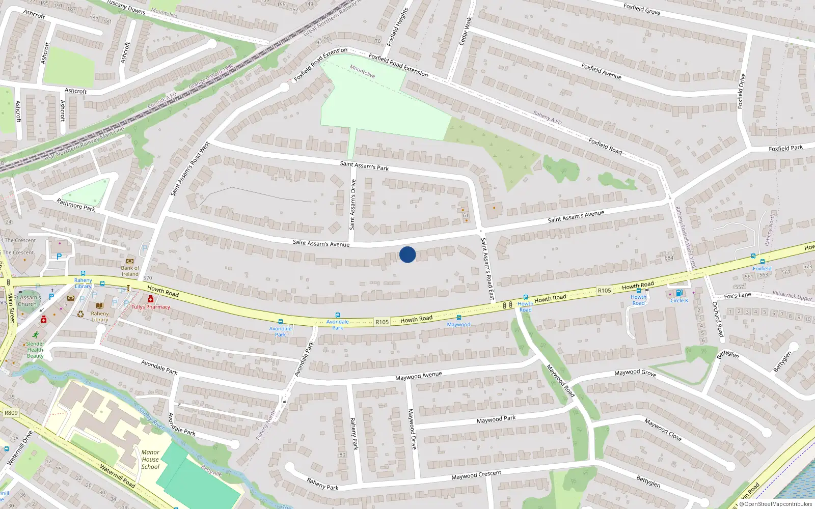 Overhead map showing the location of 65 St Assams Avenue, Raheny, Dublin 5