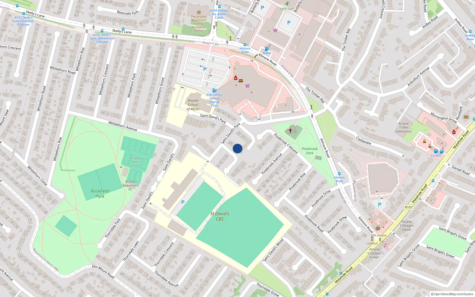 Overhead map showing the location of 65 Saint David's Park, Dublin 5