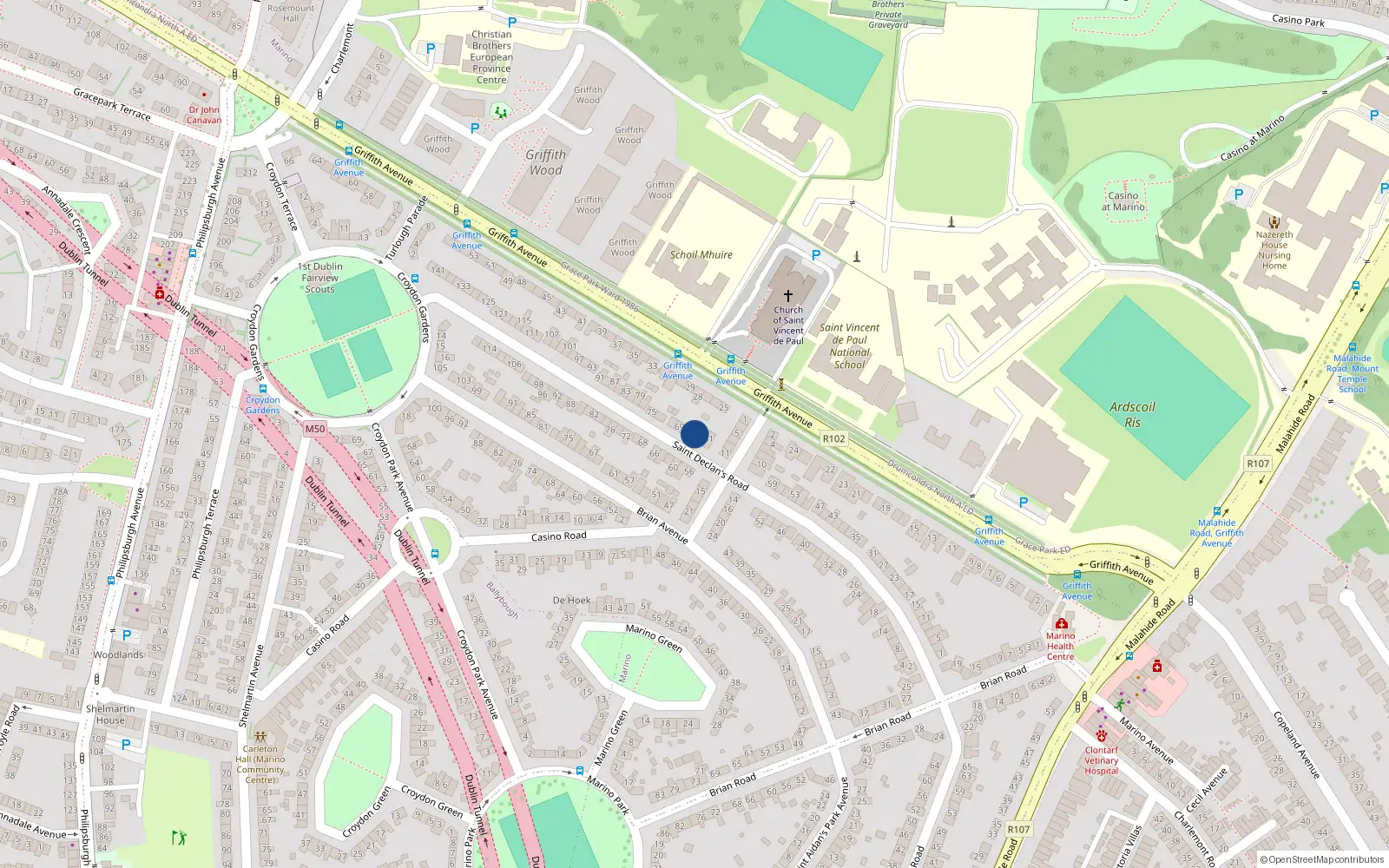 Overhead map showing the location of 65 Saint Declan's Road, Dublin 3