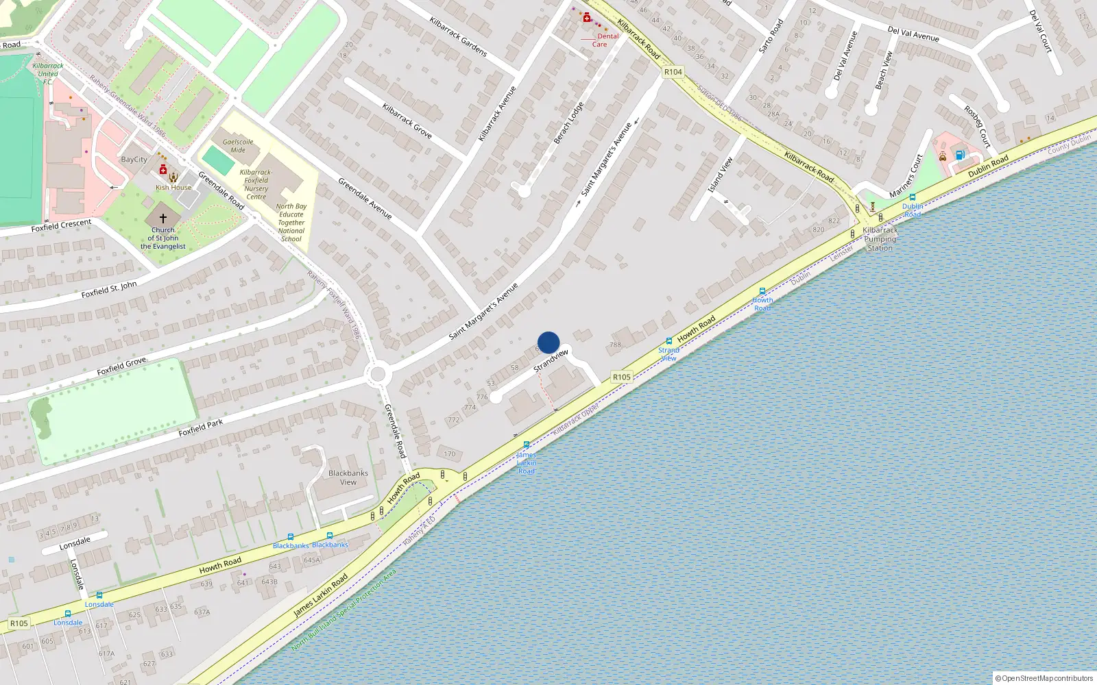 Overhead map showing the location of 65 Strand View, Howth Road, Dublin 5