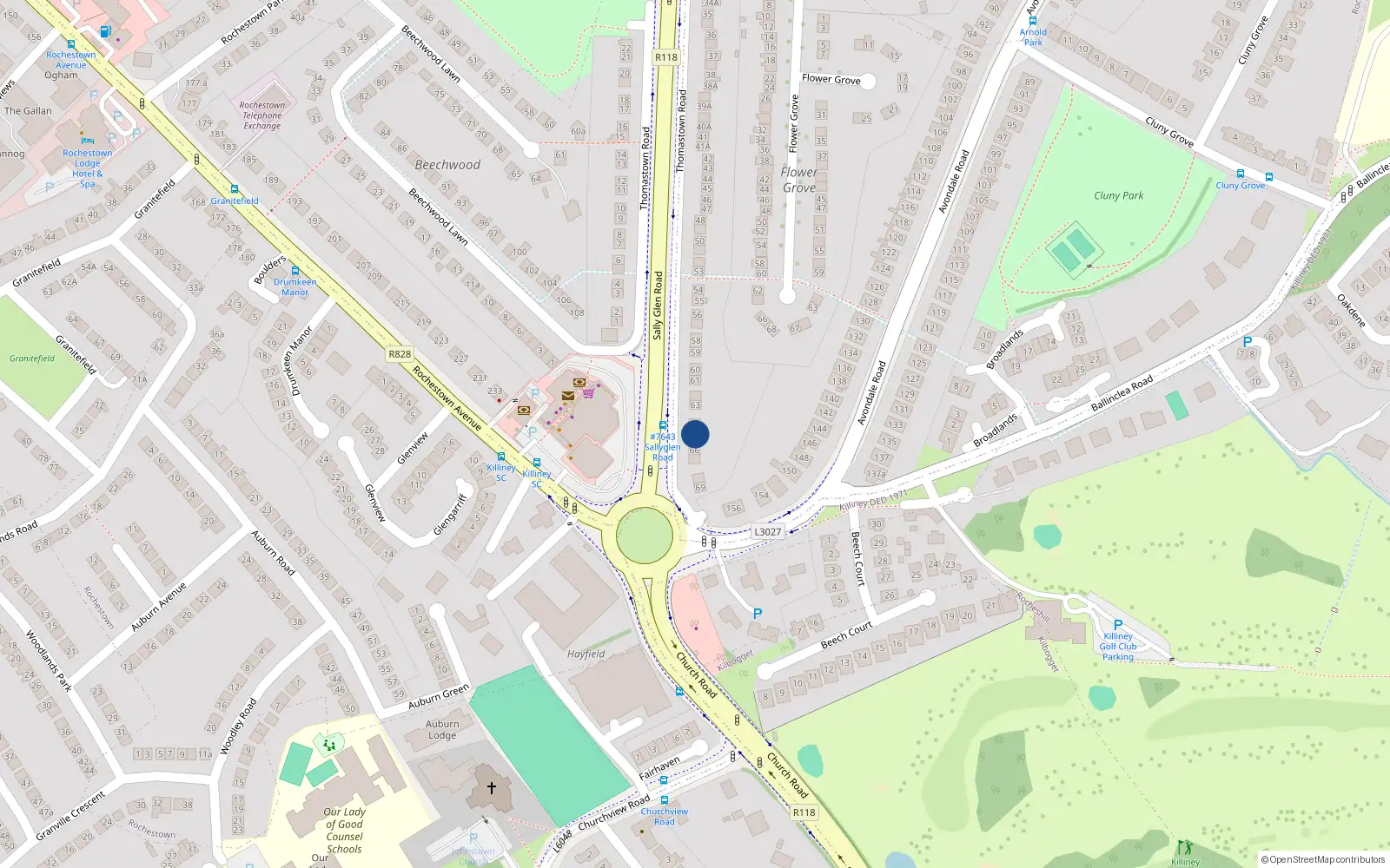 Overhead map showing the location of 65 Thomastown Road, Killiney, Dublin
