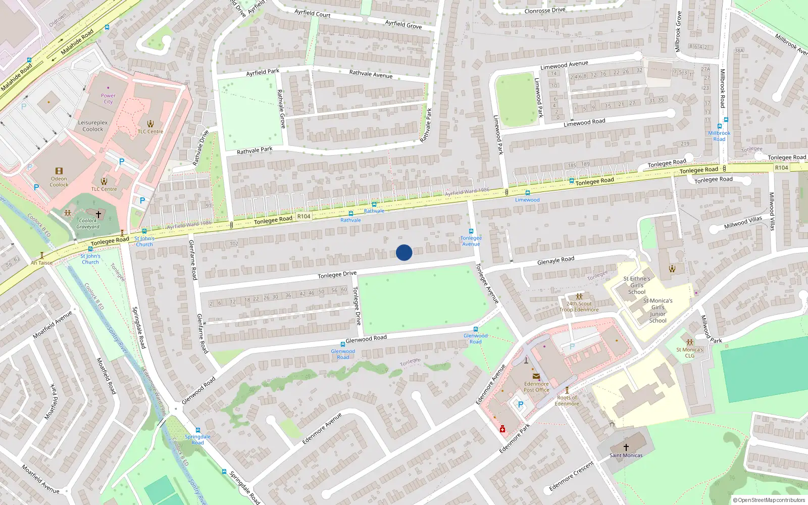 Overhead map showing the location of 65 Tonlegee Drive, Dublin 5