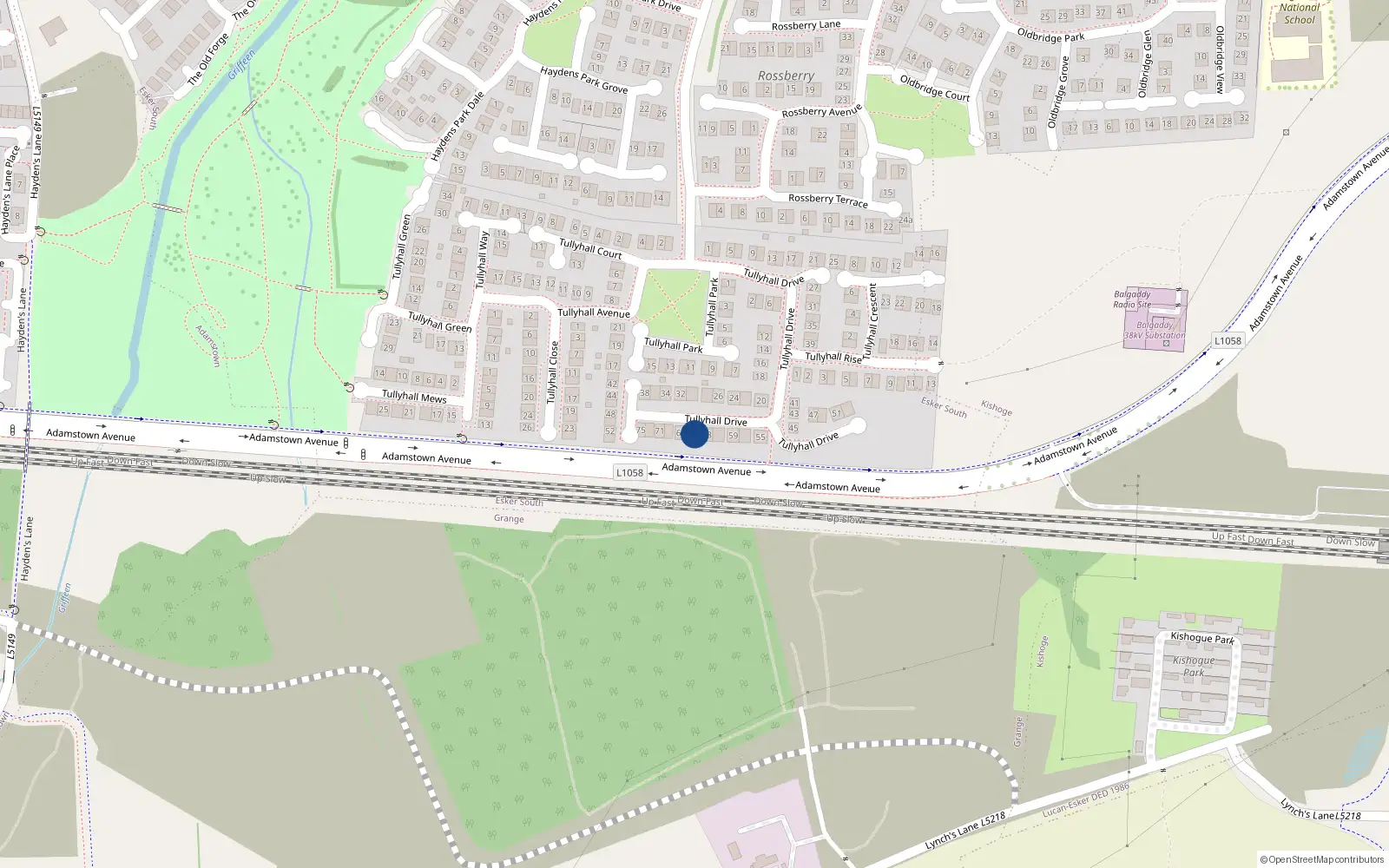 Overhead map showing the location of 65 Tullyhall Drive, Lucan