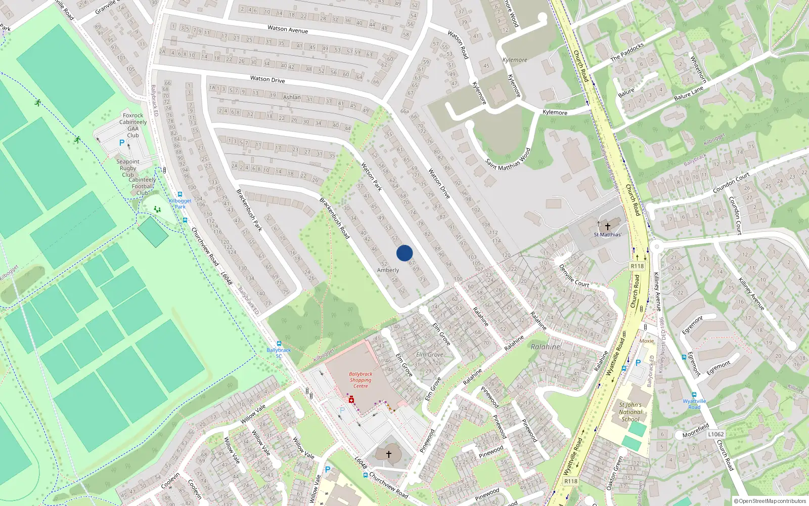 Overhead map showing the location of 65 Watson Park, Killiney