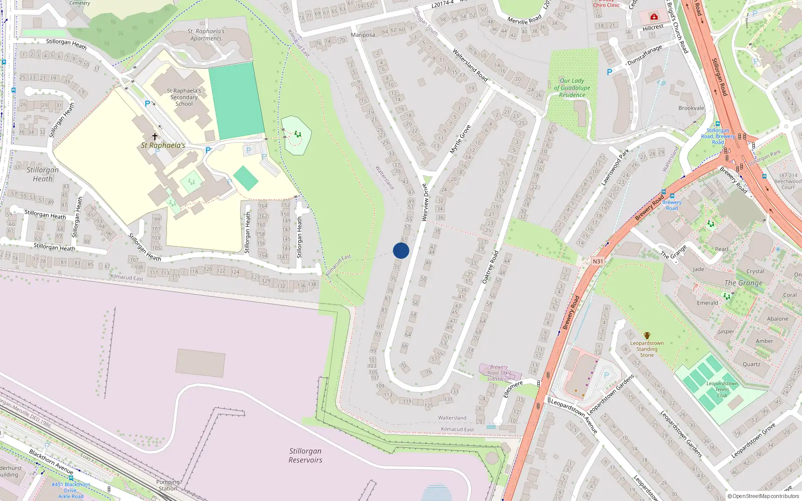 Overhead map showing the location of 65 Weirview Drive, Dublin