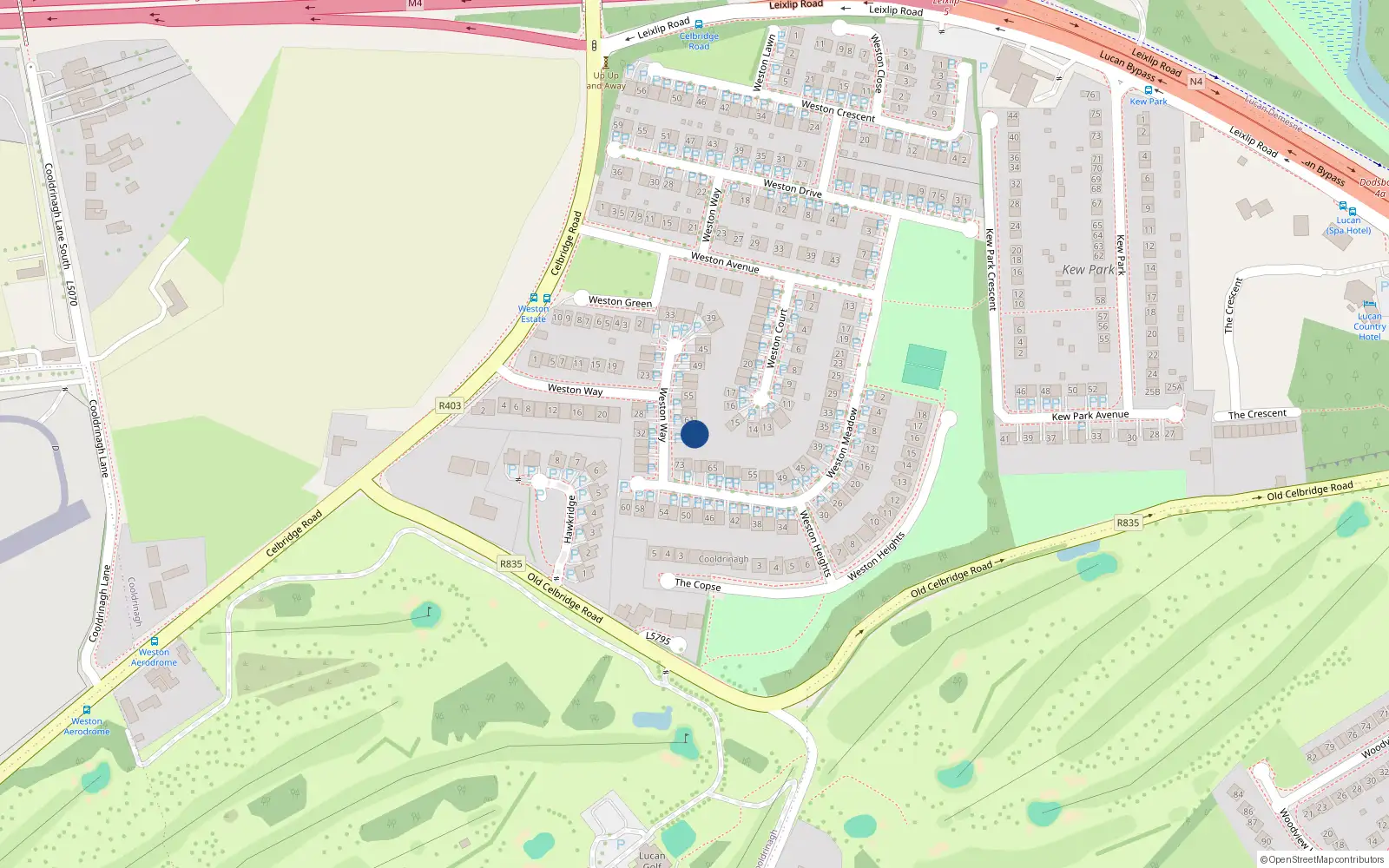 Overhead map showing the location of 65 Weston Way, Lucan
