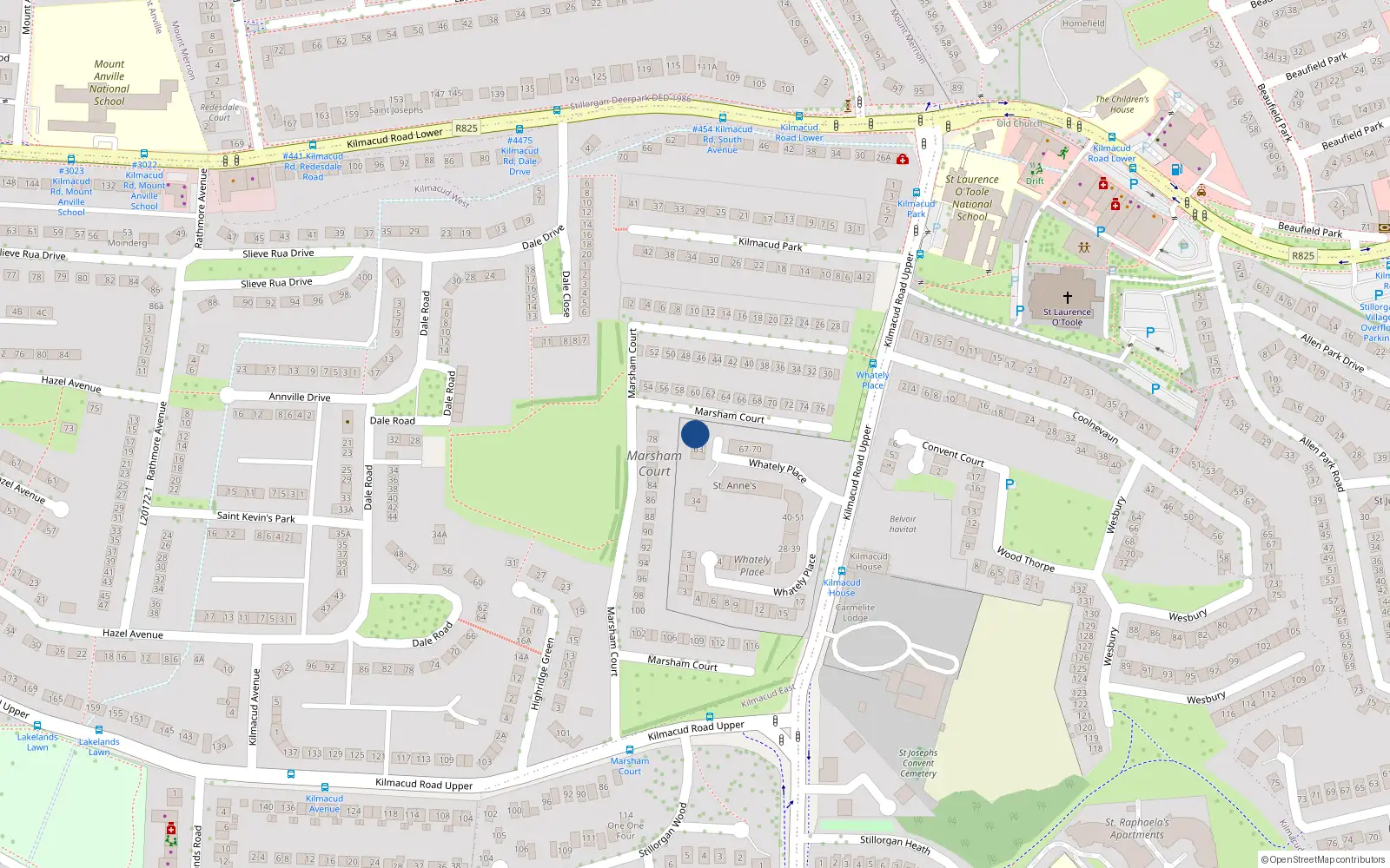 Overhead map showing the location of 65 Whatley Place, Stillorgan, Co Dublin