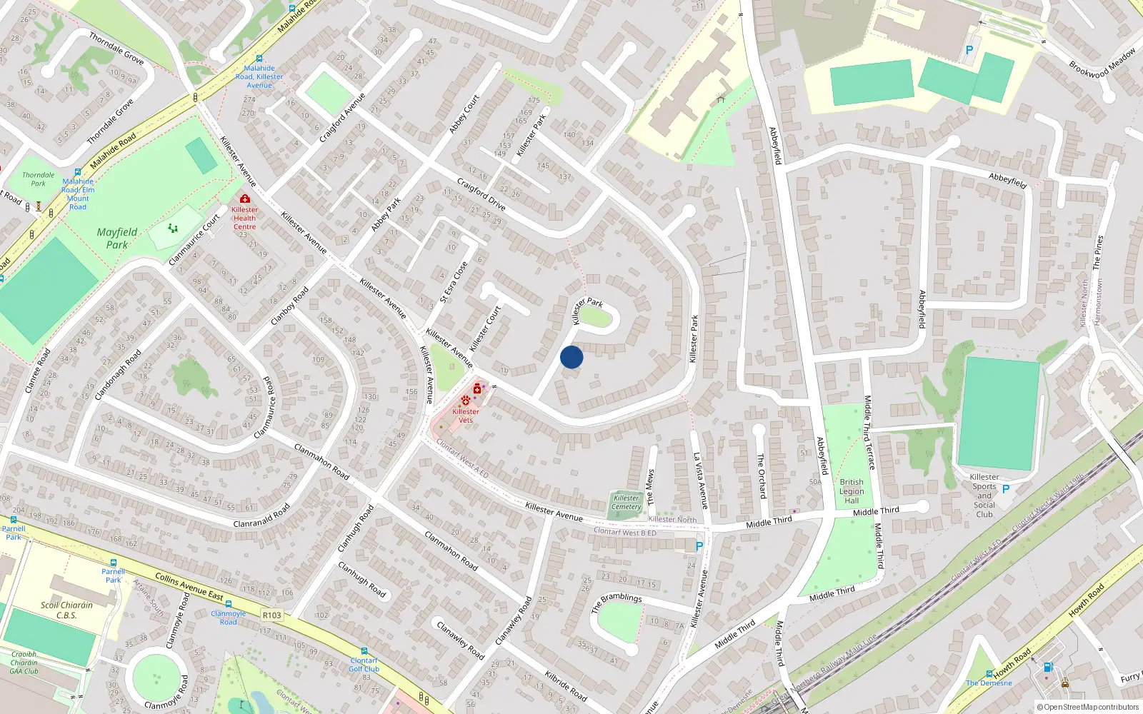 Overhead map showing the location of 65A Killester Park, Killester, Dublin 5