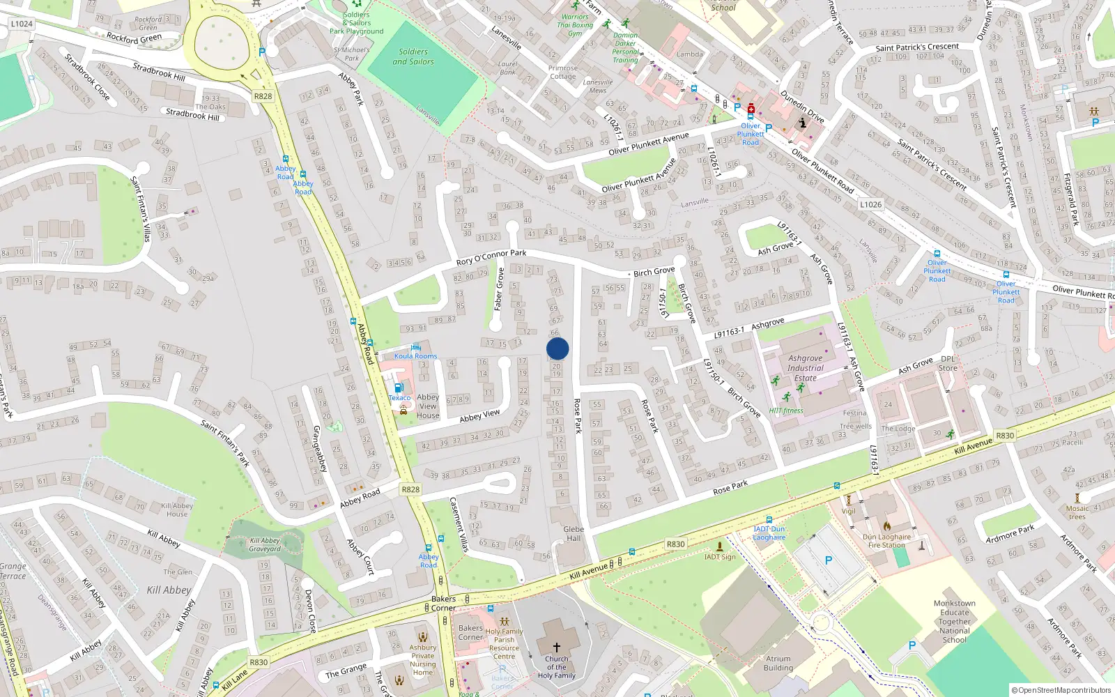 Overhead map showing the location of 65A Rory Oconnor Park, Dun Laoghaire, Dublin