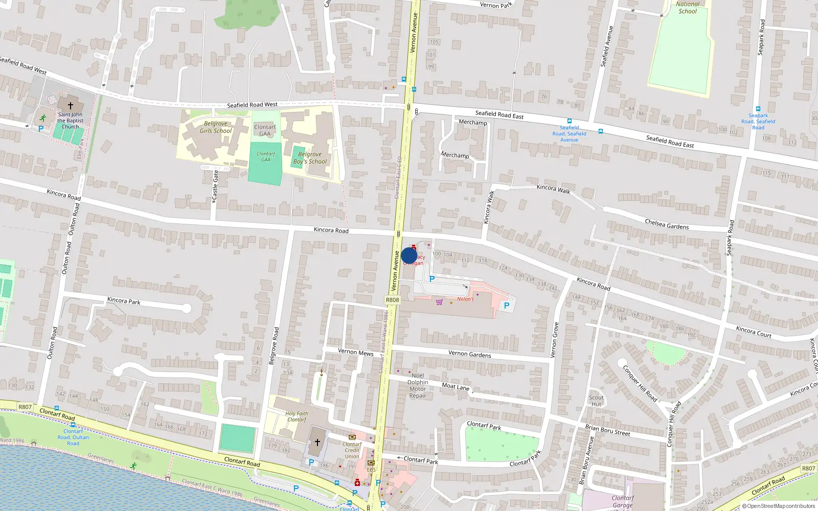 Overhead map showing the location of 65B Vernon Avenue, Clontarf, Dublin 3