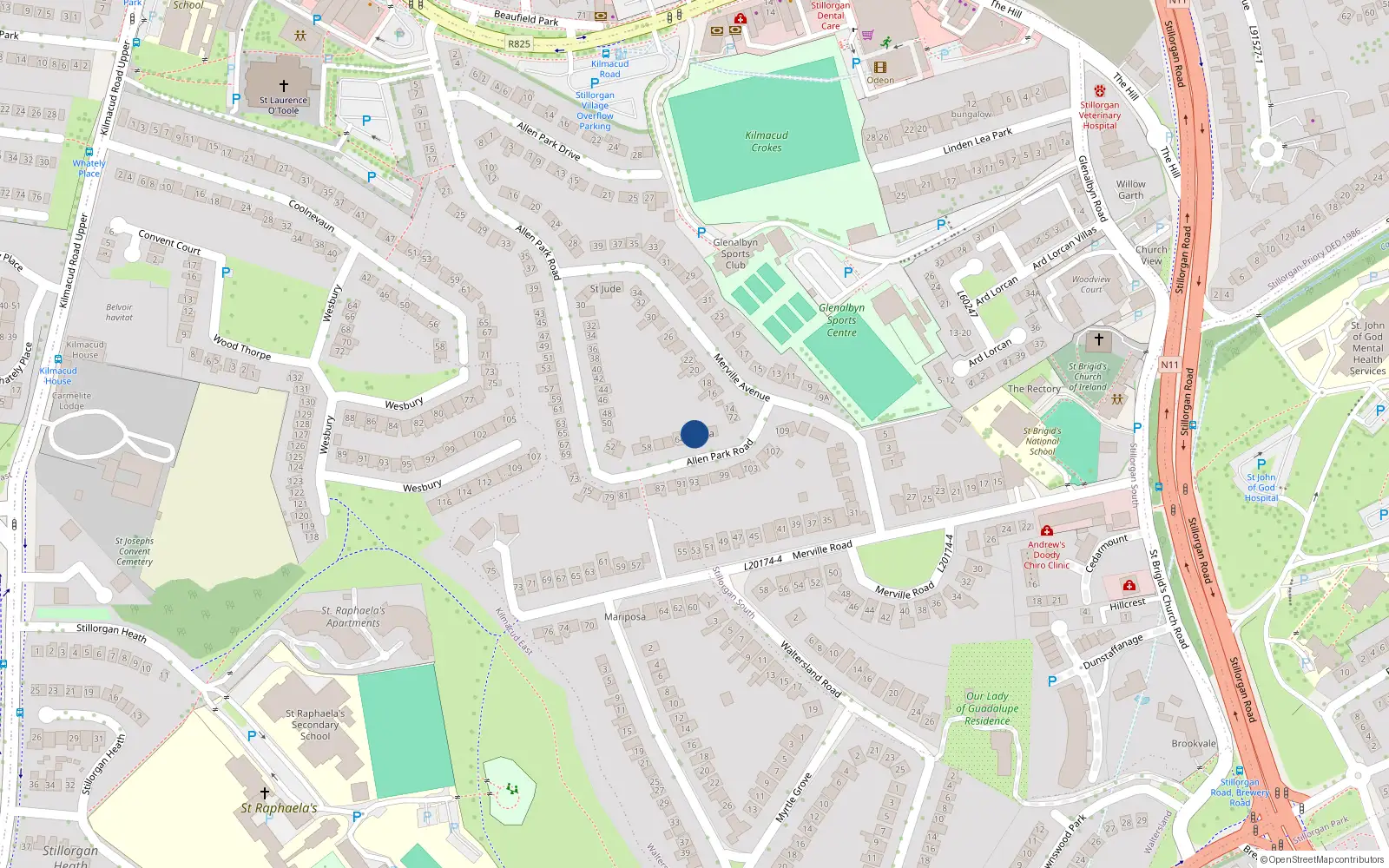 Overhead map showing the location of 66 Allen Park Road, Dublin