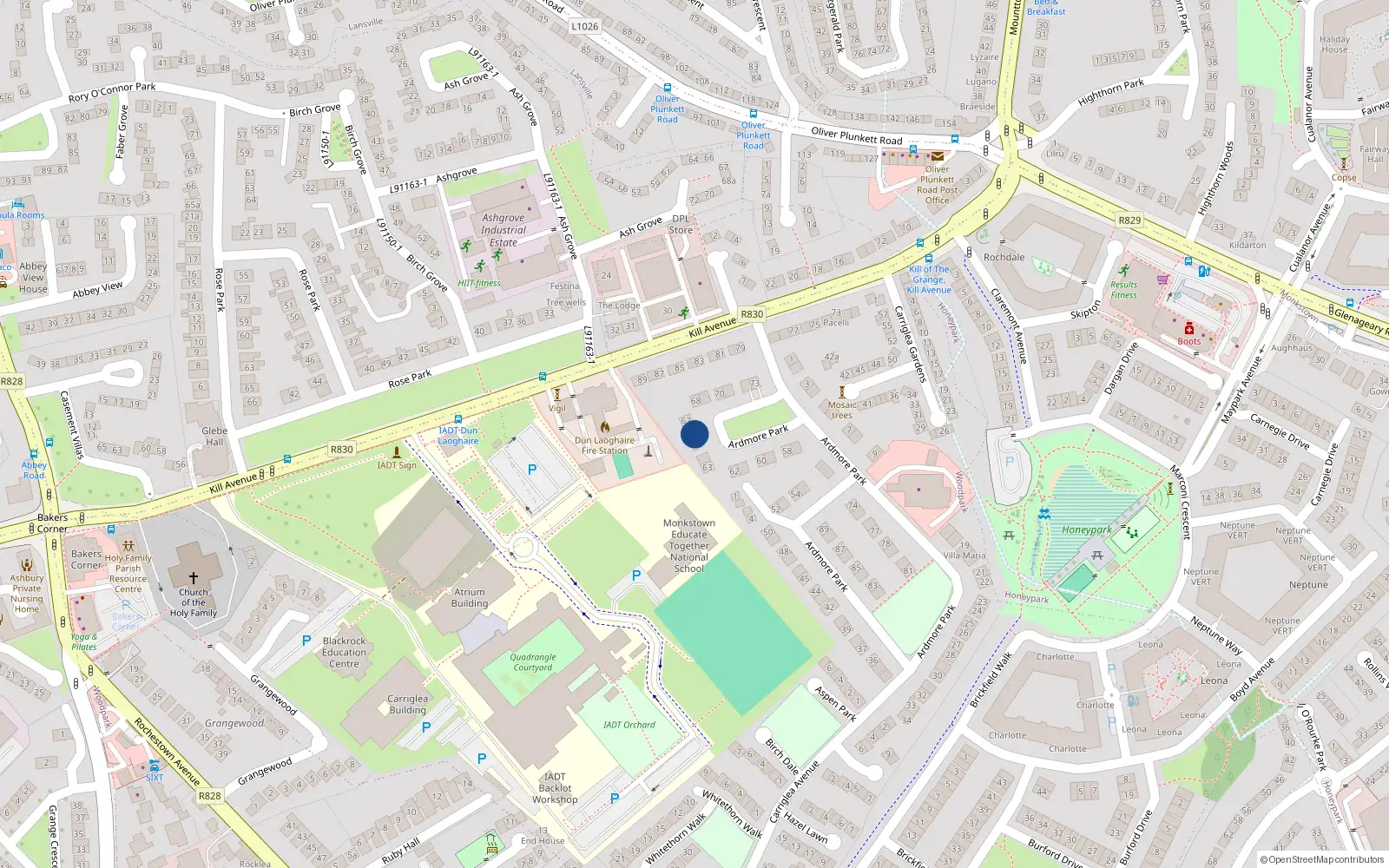 Overhead map showing the location of 66 Ardmore Park, Kill Avenue, Dun Laoghaire