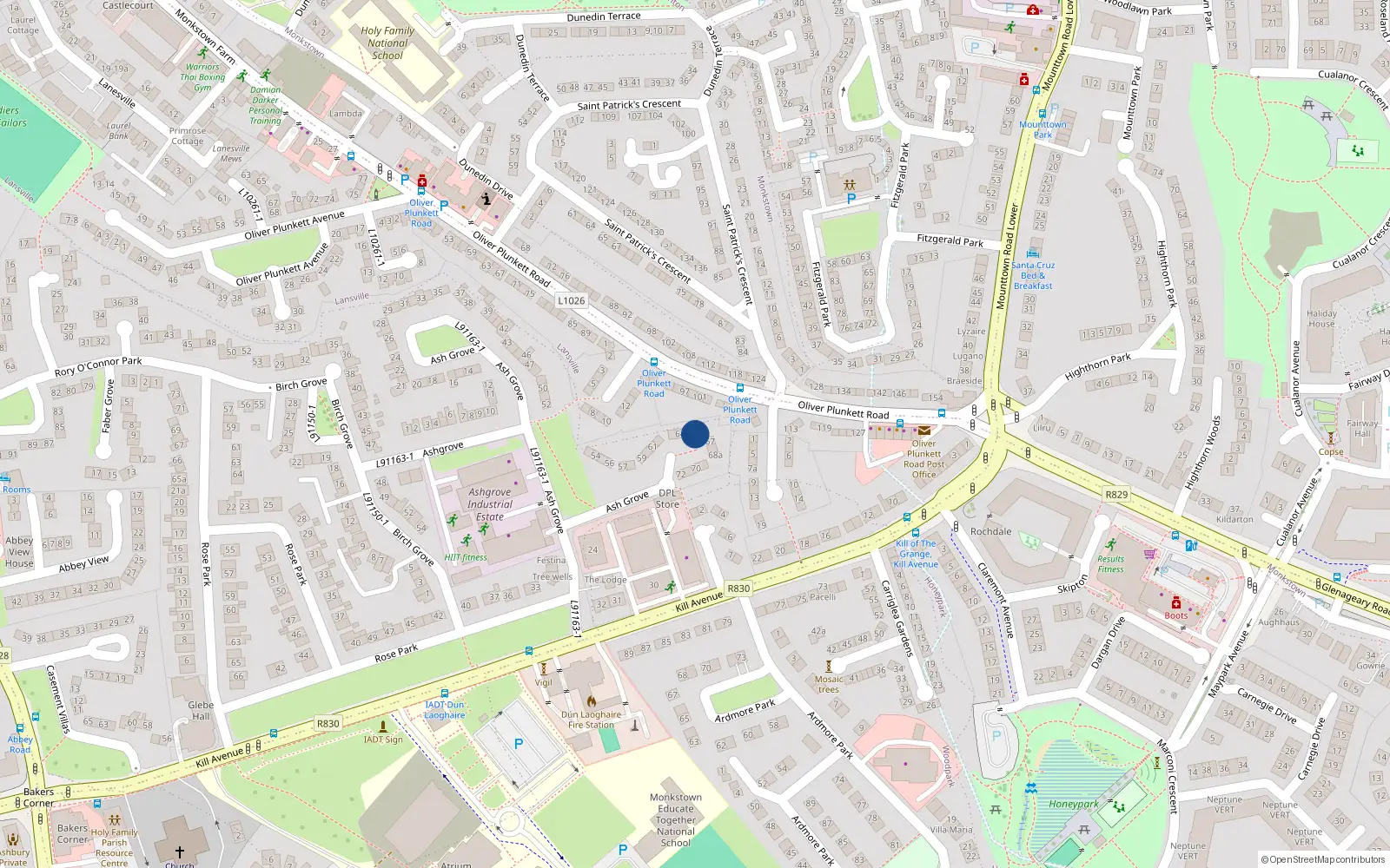 Overhead map showing the location of 66 Ash Grove, Kill Avenue, Dun Laoghaire