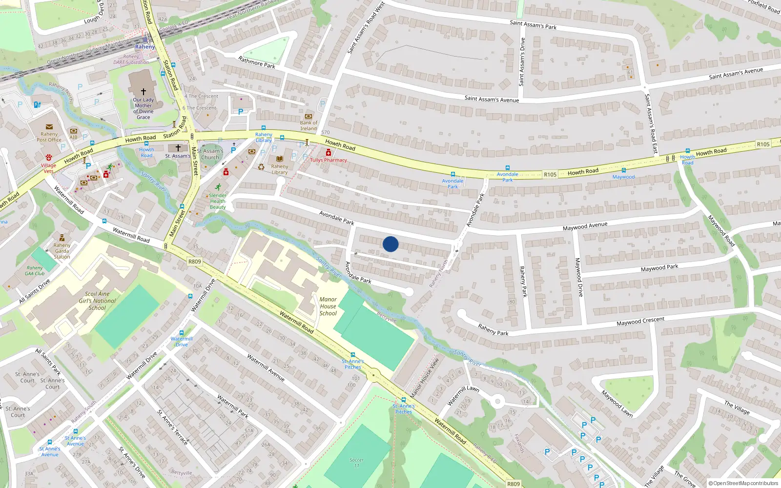 Overhead map showing the location of 66 Avondale Park, Raheny, Dublin 5