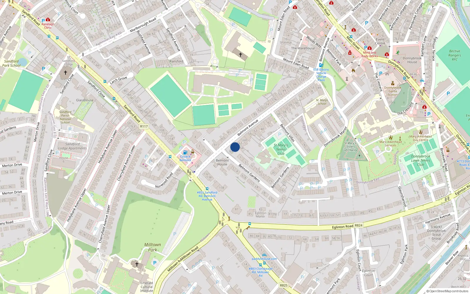 Overhead map showing the location of 66 Belmont Avenue, Donnybrook