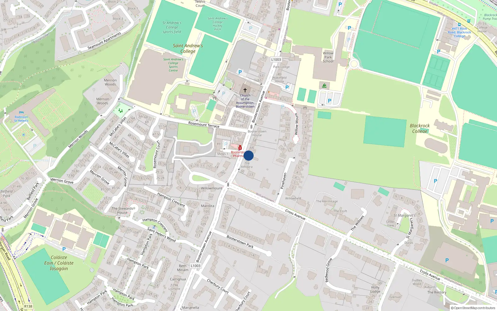 Overhead map showing the location of 66 Booterstown Avenue, Blackrock