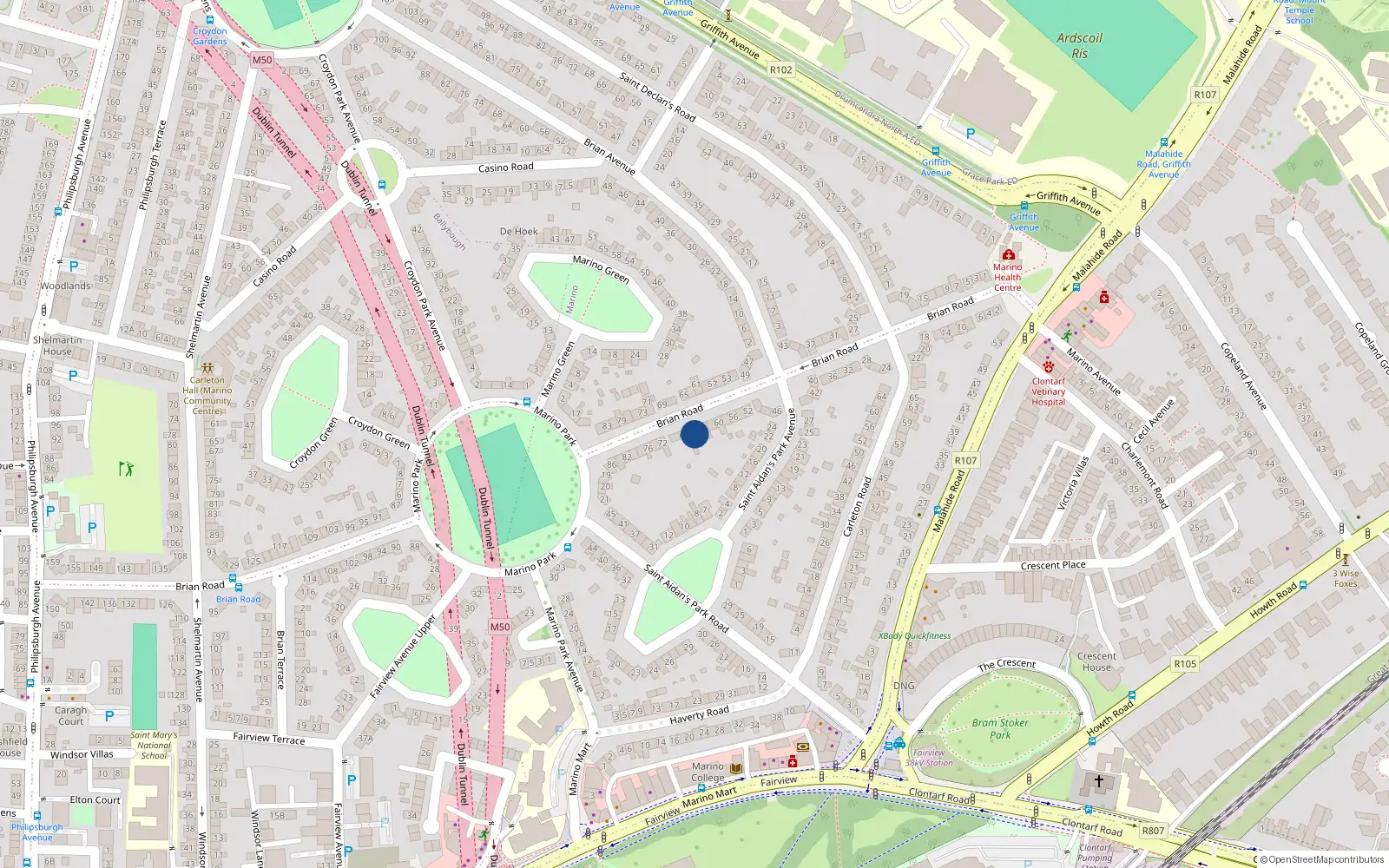 Overhead map showing the location of 66 Brian Road, Marino, Dublin 3