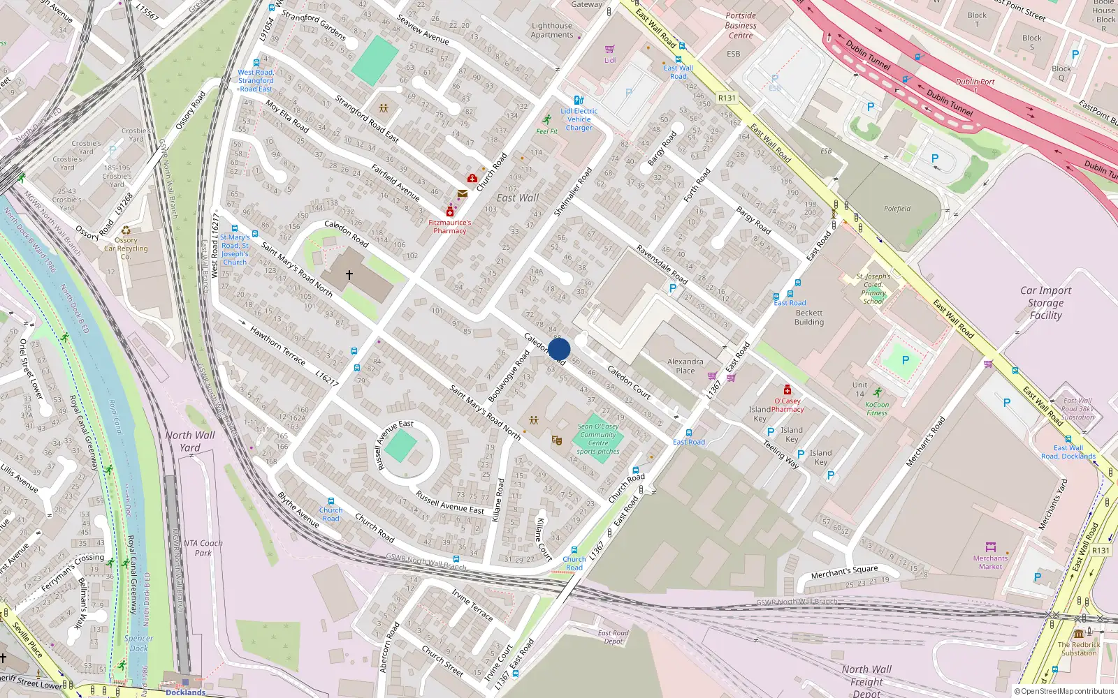 Overhead map showing the location of 66 Caledon Road, East Wall, Dublin 3