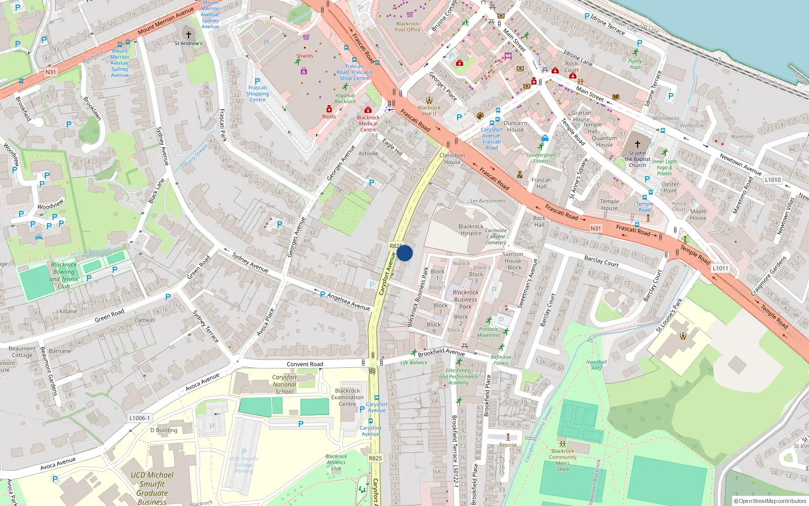 Overhead map showing the location of 66 Carysfort Avenue, Blackrock, Dublin