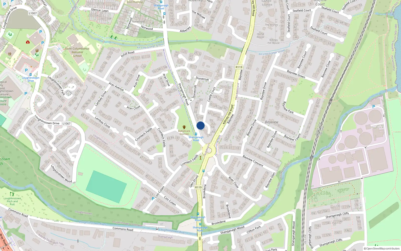 Overhead map showing the location of 66 Castle Court, Killiney
