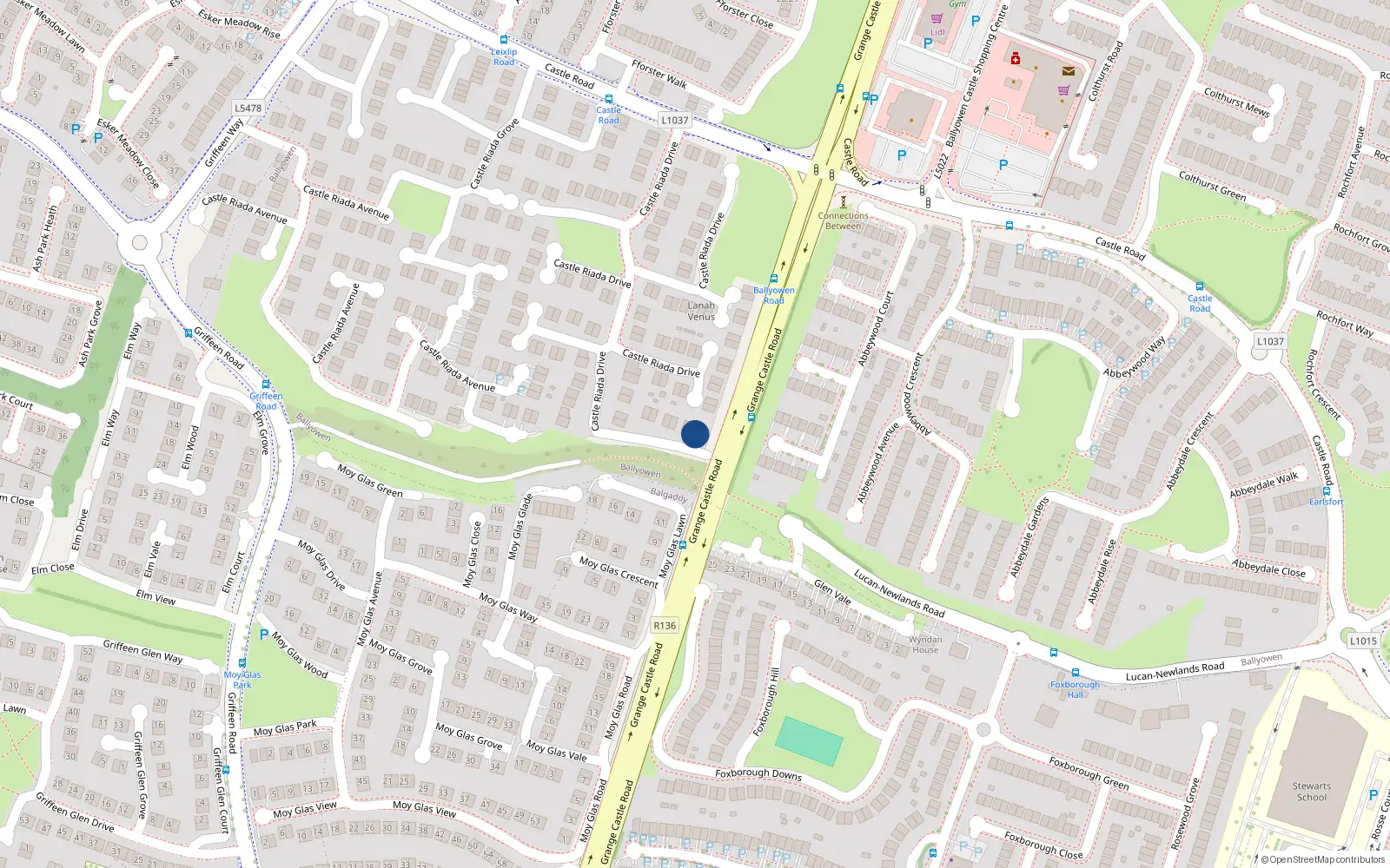 Overhead map showing the location of 66 Castle Riada Drive, Lucan, Dublin