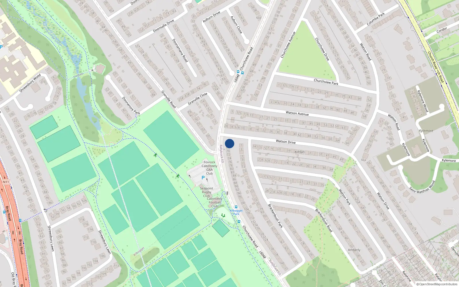 Overhead map showing the location of 66 Churchview Road, Dublin