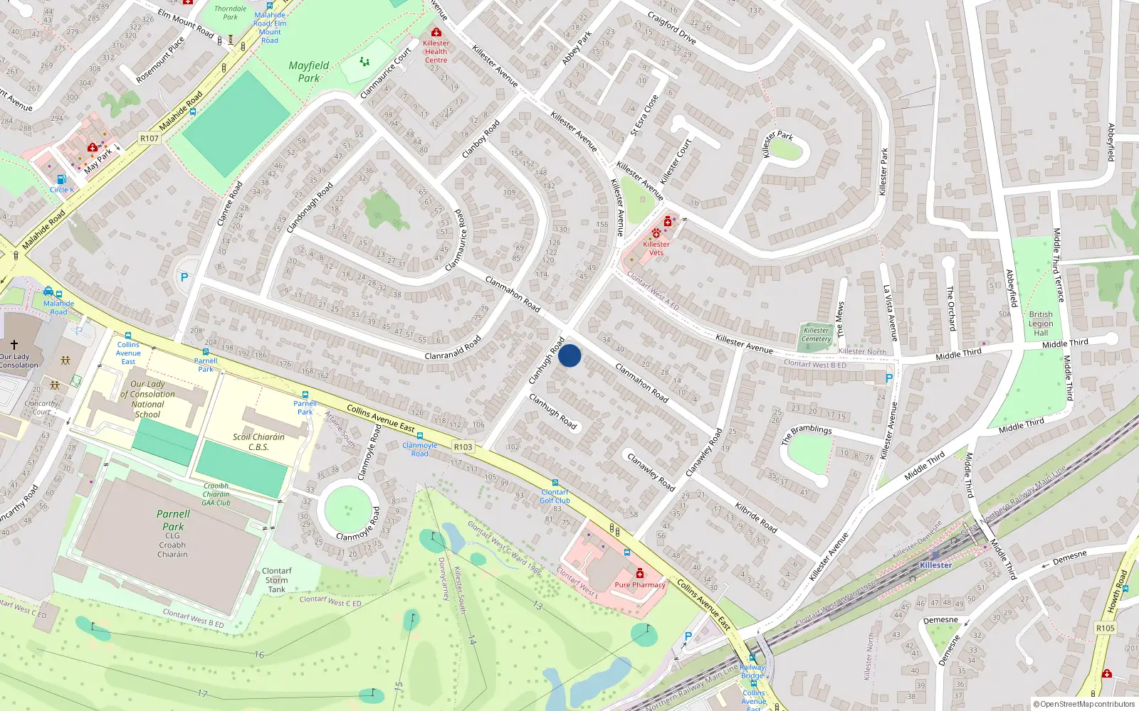 Overhead map showing the location of 66 Clanhugh Road, Donnycarney, Dublin 5
