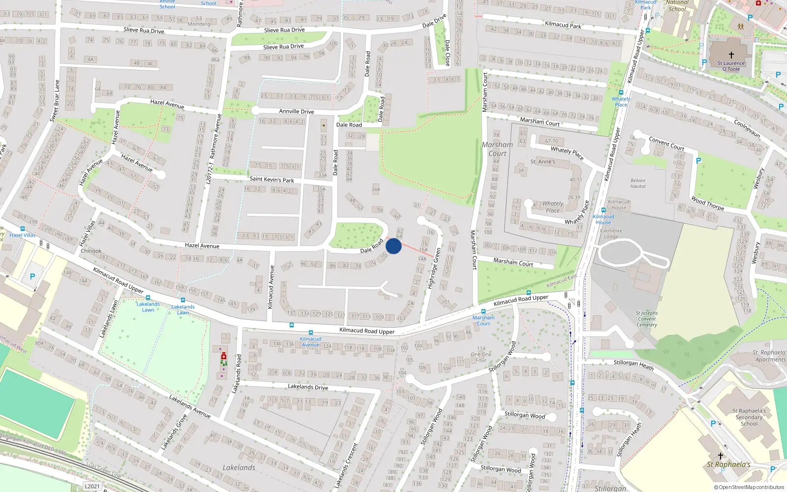 Overhead map showing the location of 66 Dale Road, Stillorgan